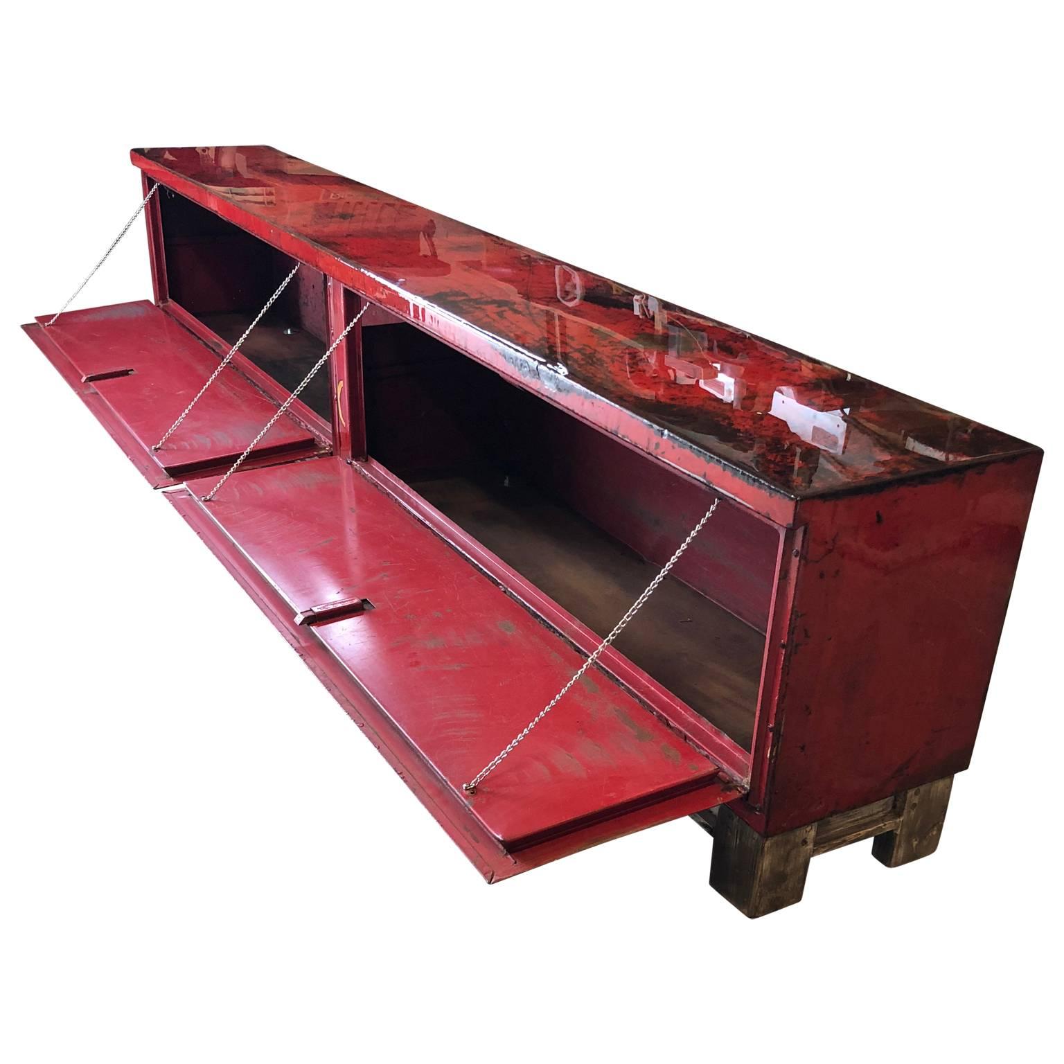 Long Red and Liquid-Glass Covered Industrial Bench 1
