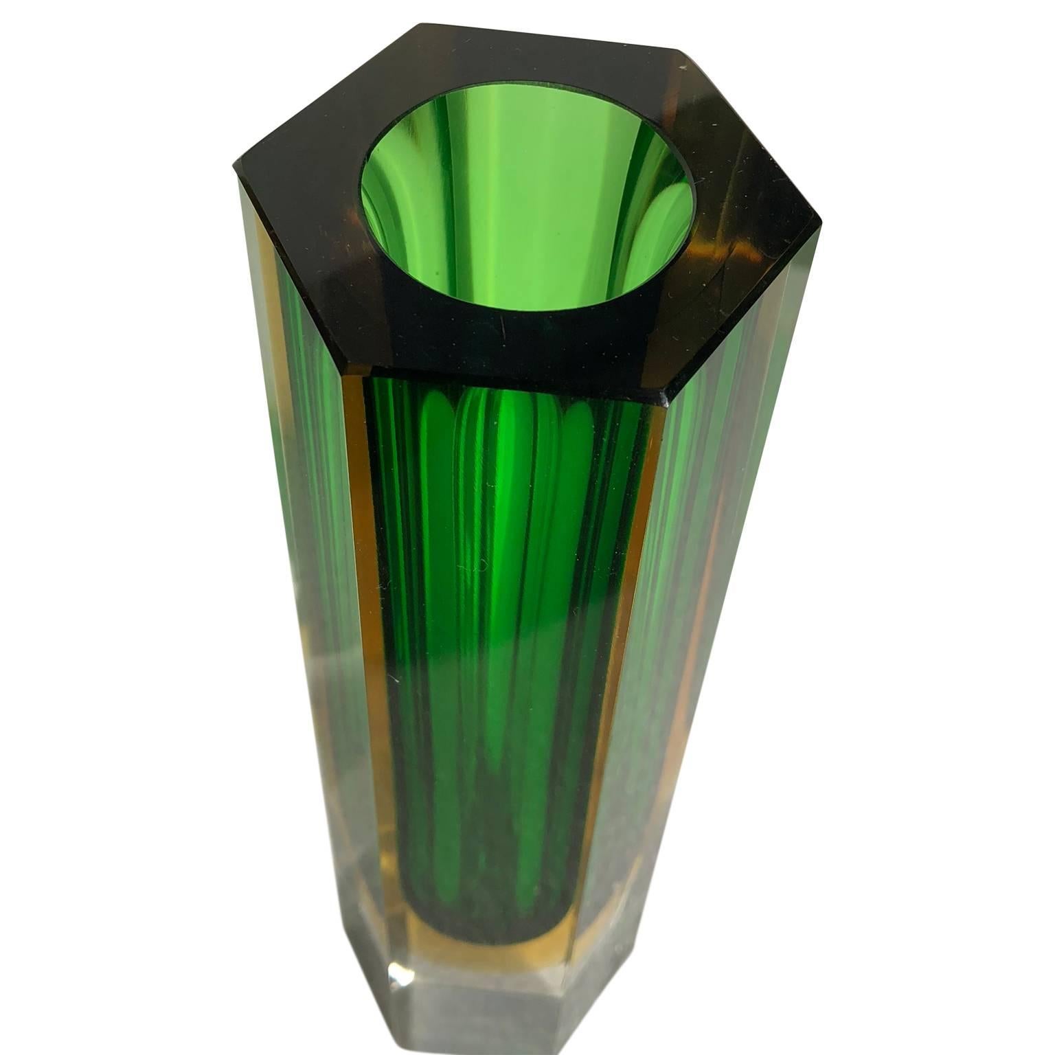 Italian glass vase by Murano Sommerso with six faceted sides and merged green and yellow colors.
