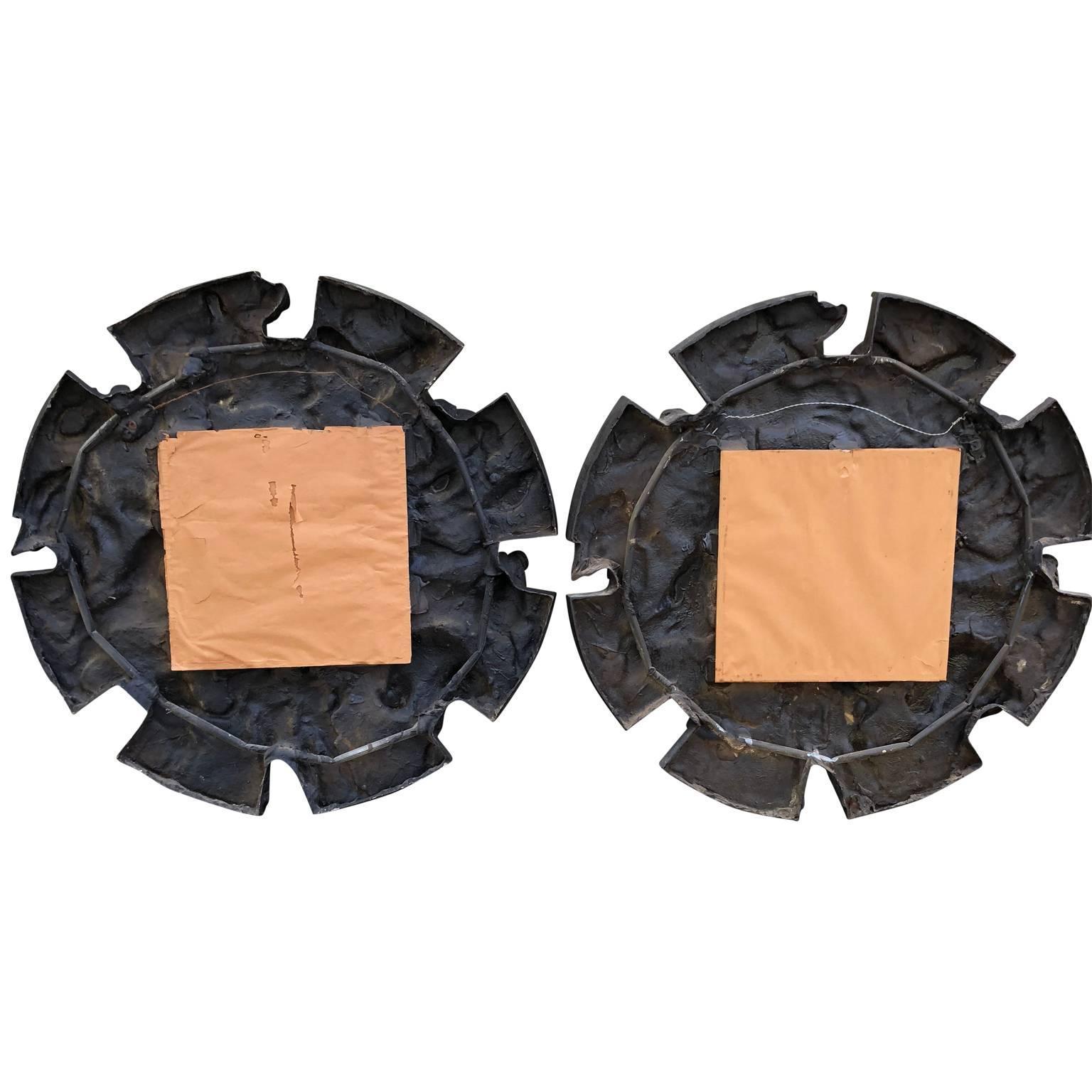Pair Of Large Round Bronzed Zodiac Sunburst Wall Mirrors In Good Condition In Haddonfield, NJ