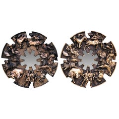 Pair Of Large Round Bronzed Zodiac Sunburst Wall Mirrors