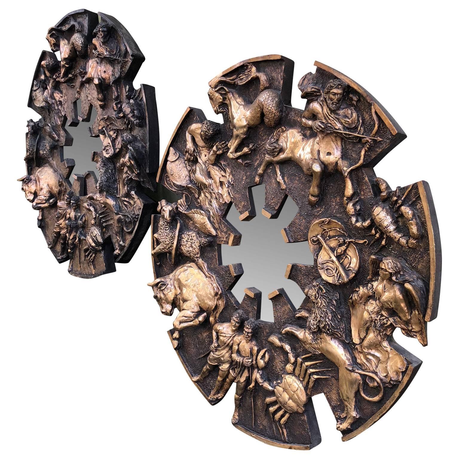 Mid-Century Modern Pair Of Large Round Bronzed Zodiac Sunburst Wall Mirrors