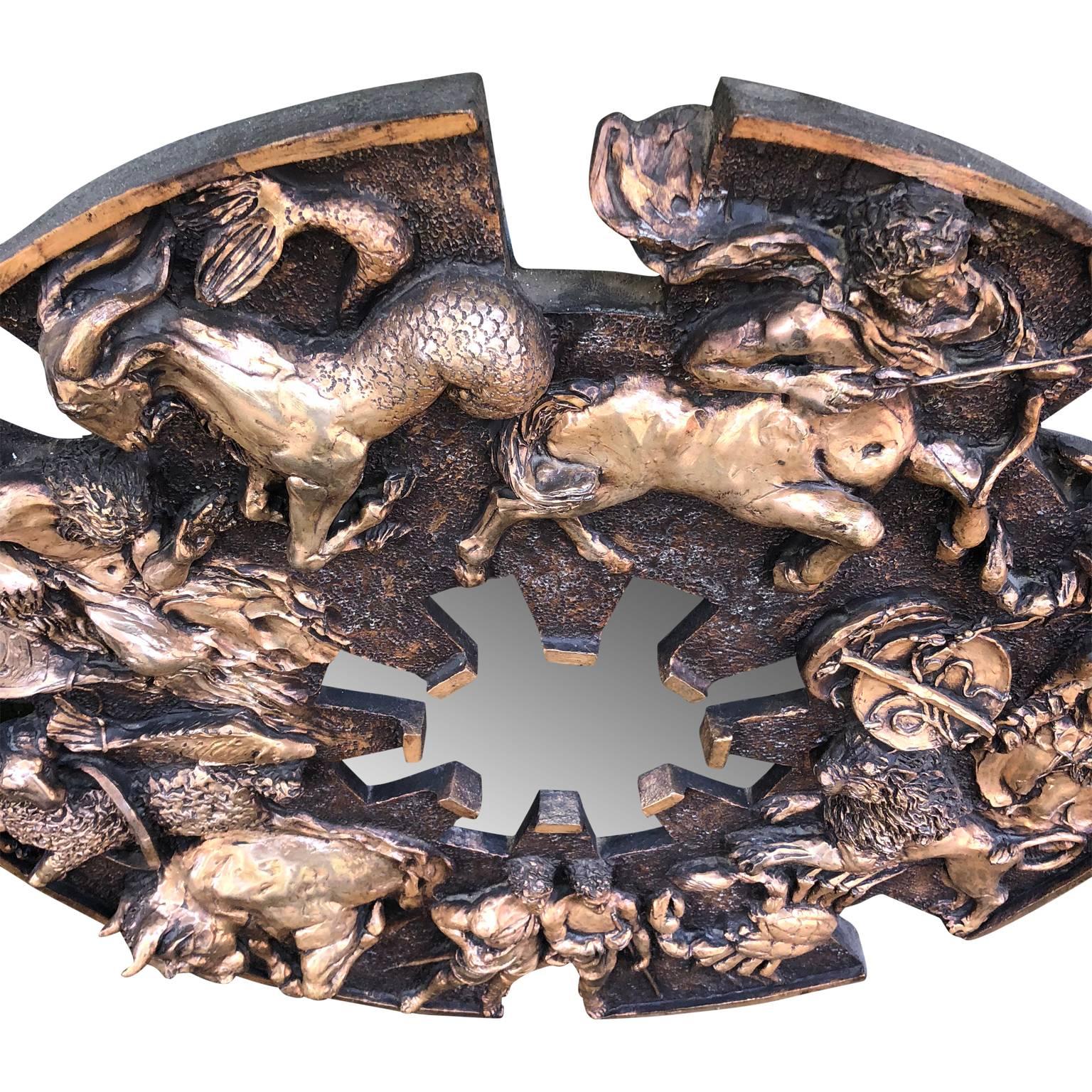 American Pair Of Large Round Bronzed Zodiac Sunburst Wall Mirrors