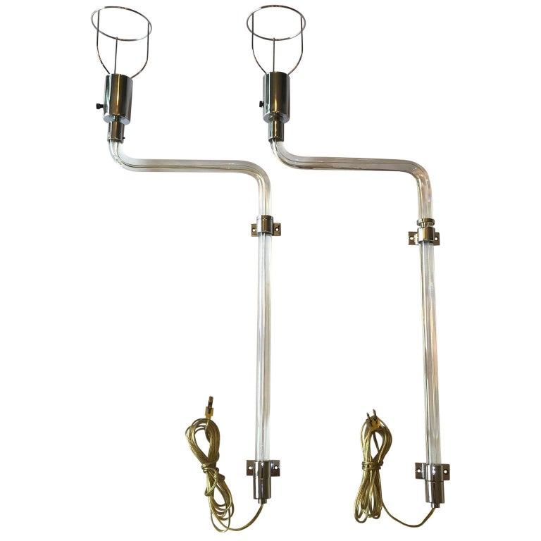 Hand-Crafted Pair of Peter Hamburger Lucite And Chrome Wall Sconces, circa 1970's For Sale