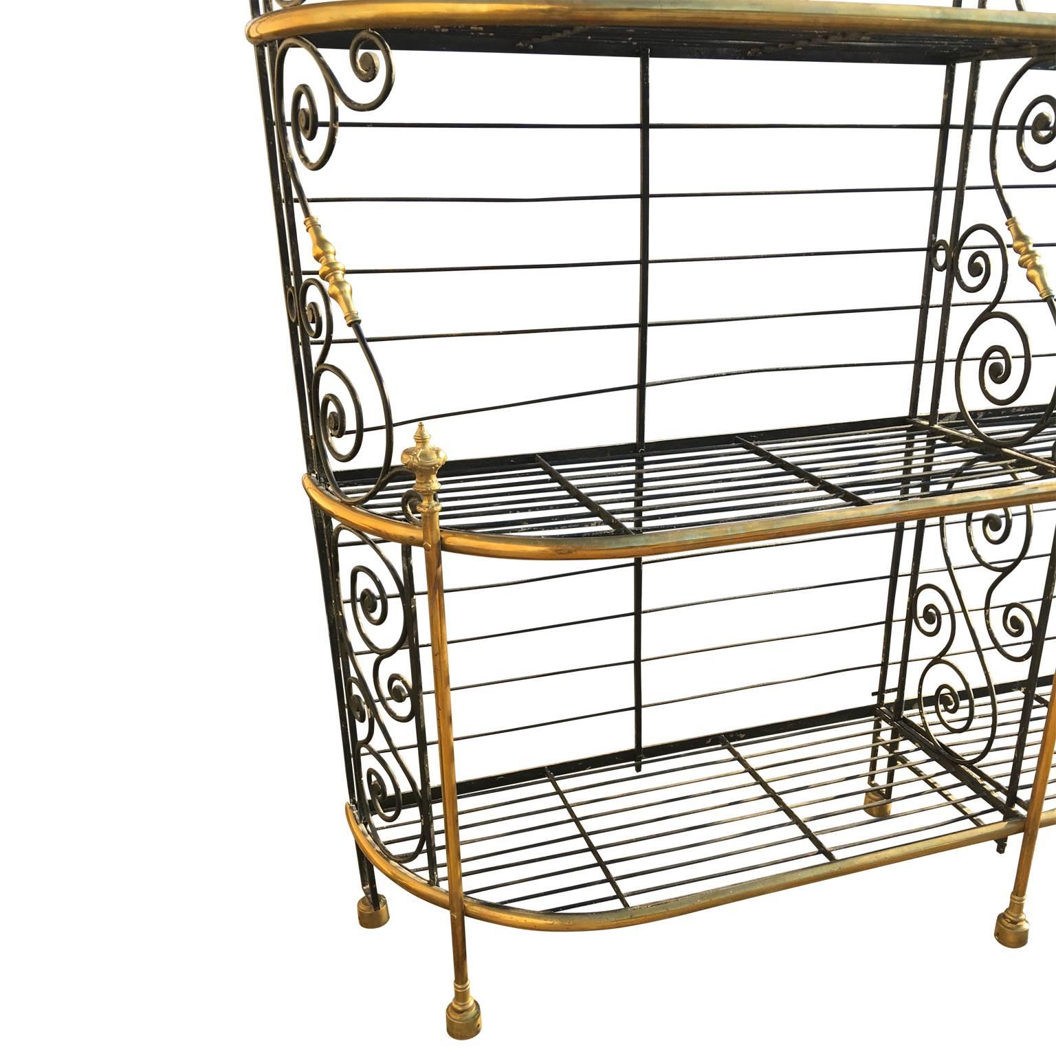 Beaux Arts Large French 19th Century Bakers Rack Wrought Iron and Brass 