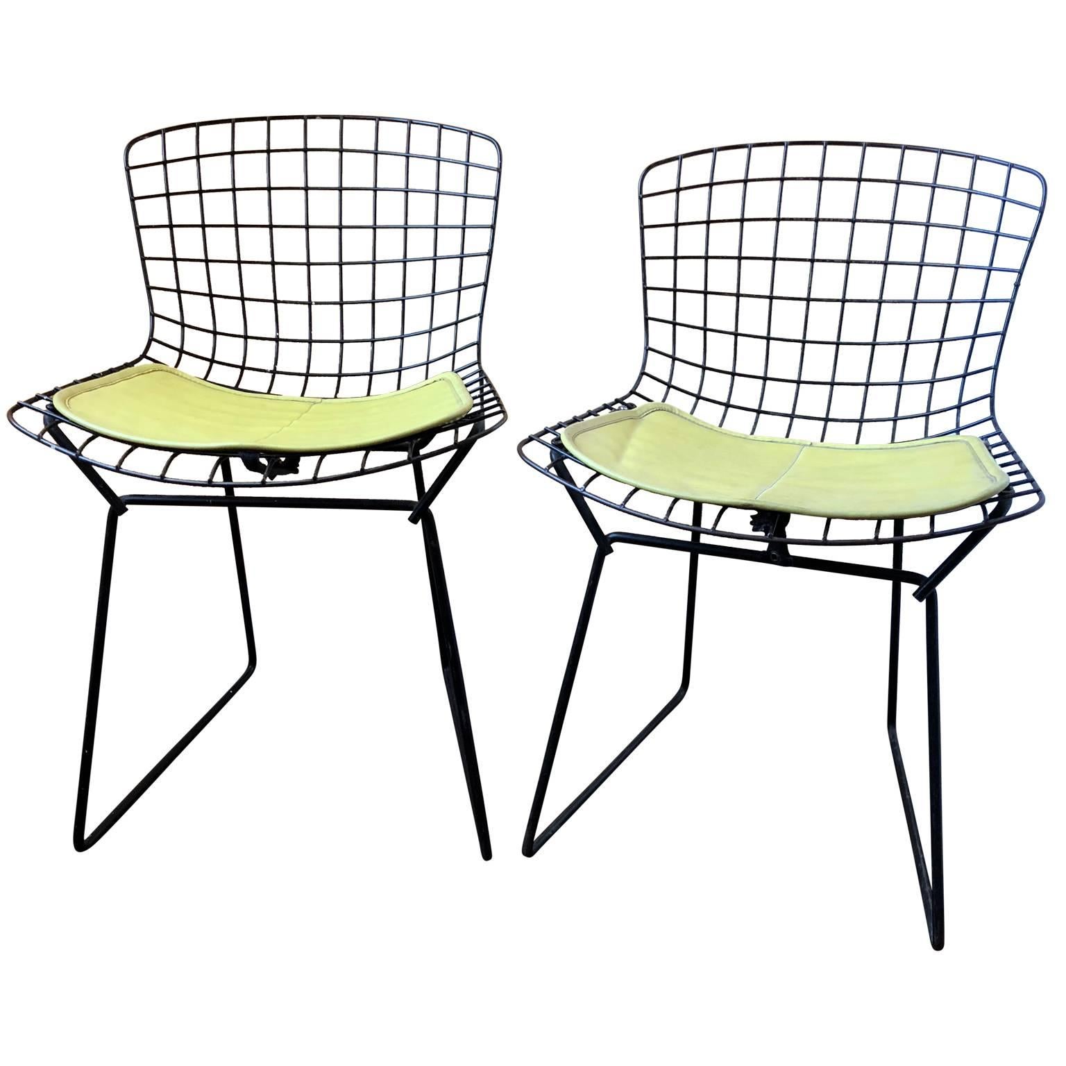 Pair of Smaller Black Wire Bertoia Children's Chairs with Yellow Fabric by Knoll