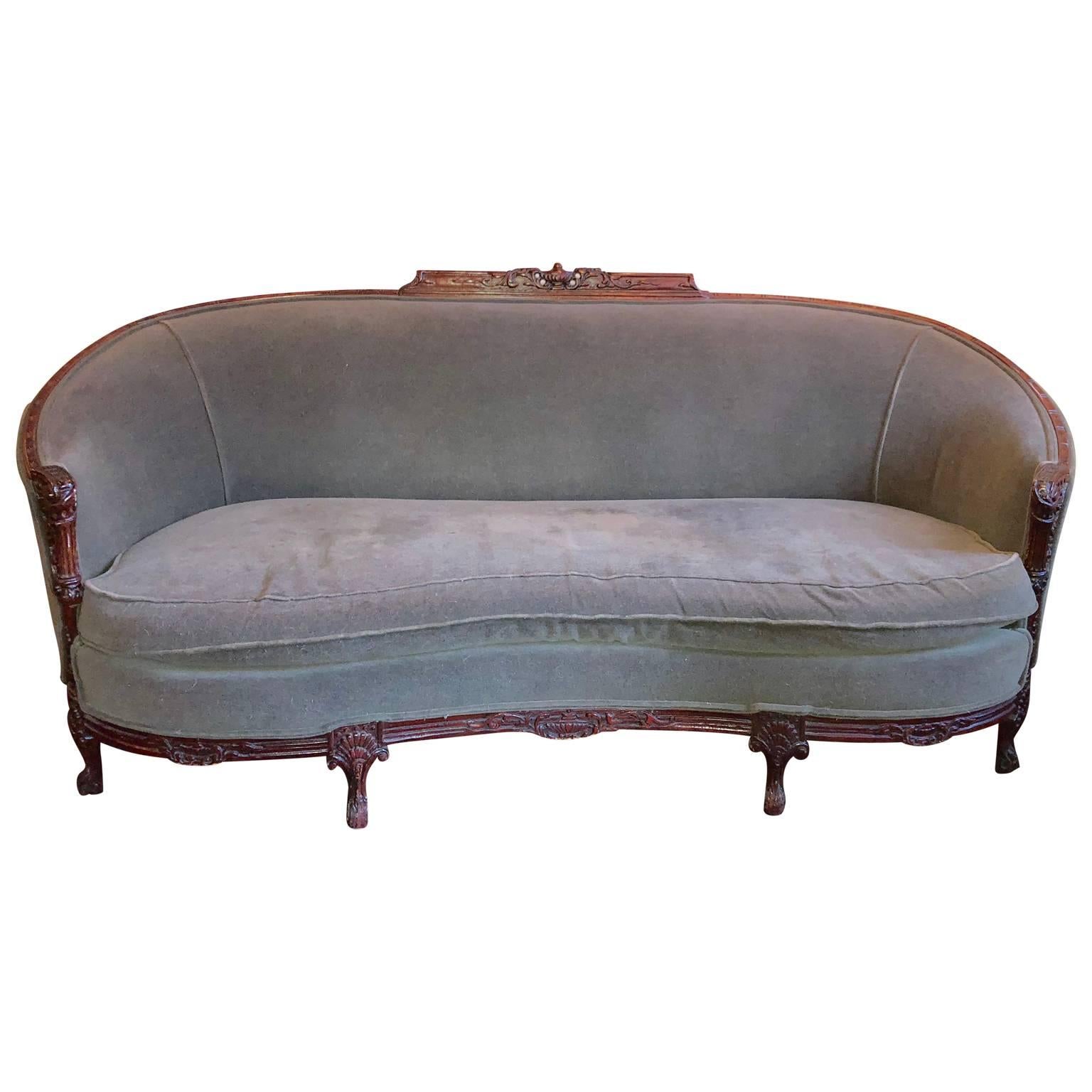 Set of early 20th Century furniture by Philadelphia Department store Gimbel Brothers. Wingback and Club chairs are in the original Naugahyde upholstery including the original Gimbel label, the sofa in a later light grey mohair.