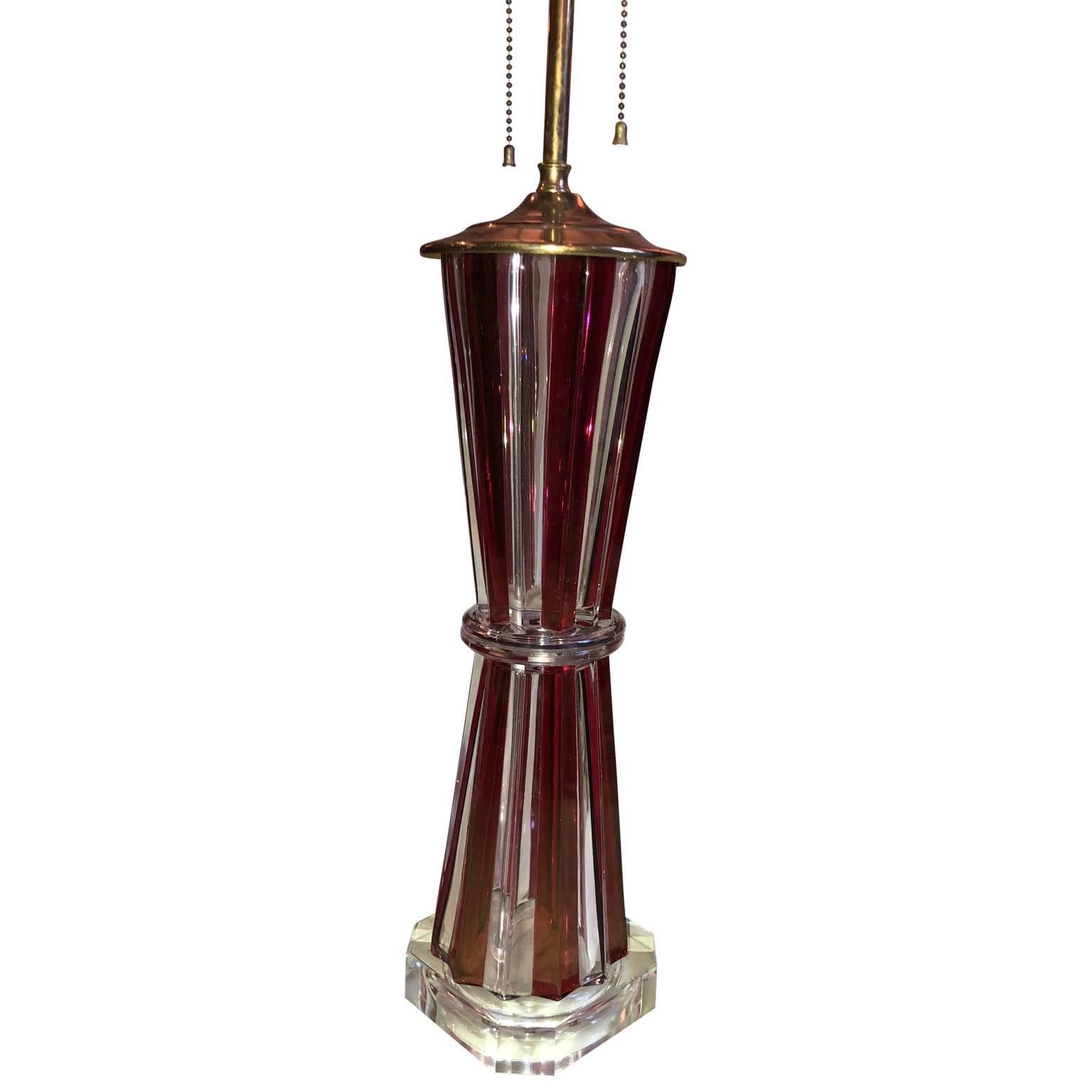 Mid-Century modern table lamp, made of faceted red and clear glass