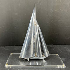 Mid-Century Chromed Sailboat Sculpture on Lucite Stand