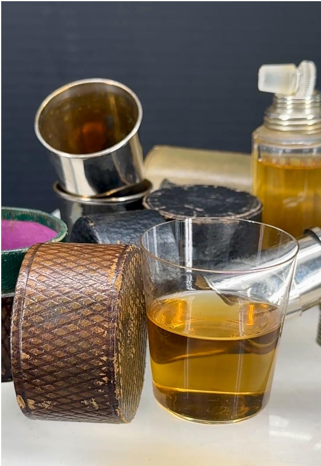 English Set of Portable Hunting Whiskey Shot Glasses and Flask Collection For Sale