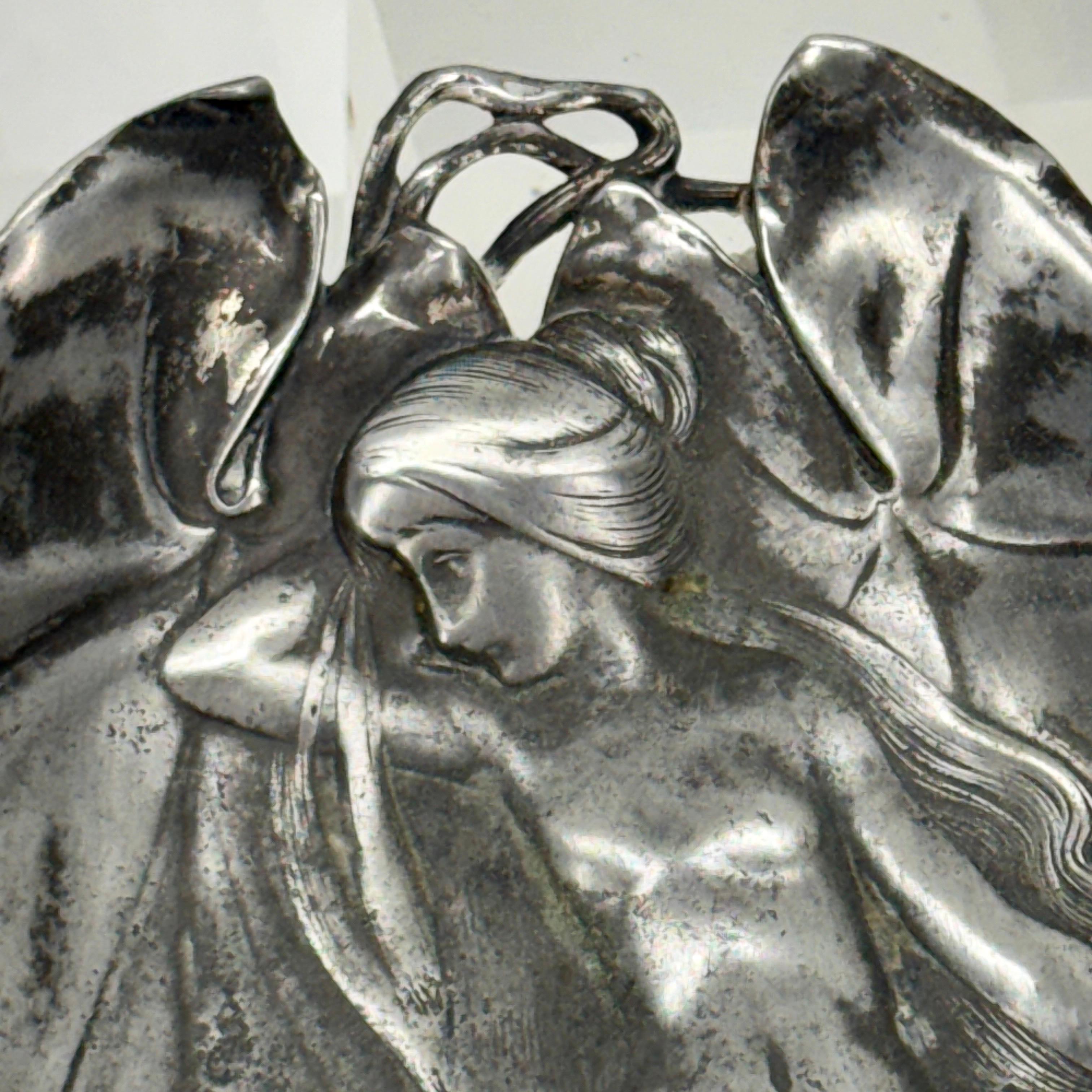 French Art Nouveau Metal Pewter Trinket Jewelry Vanity Tray For Sale 2