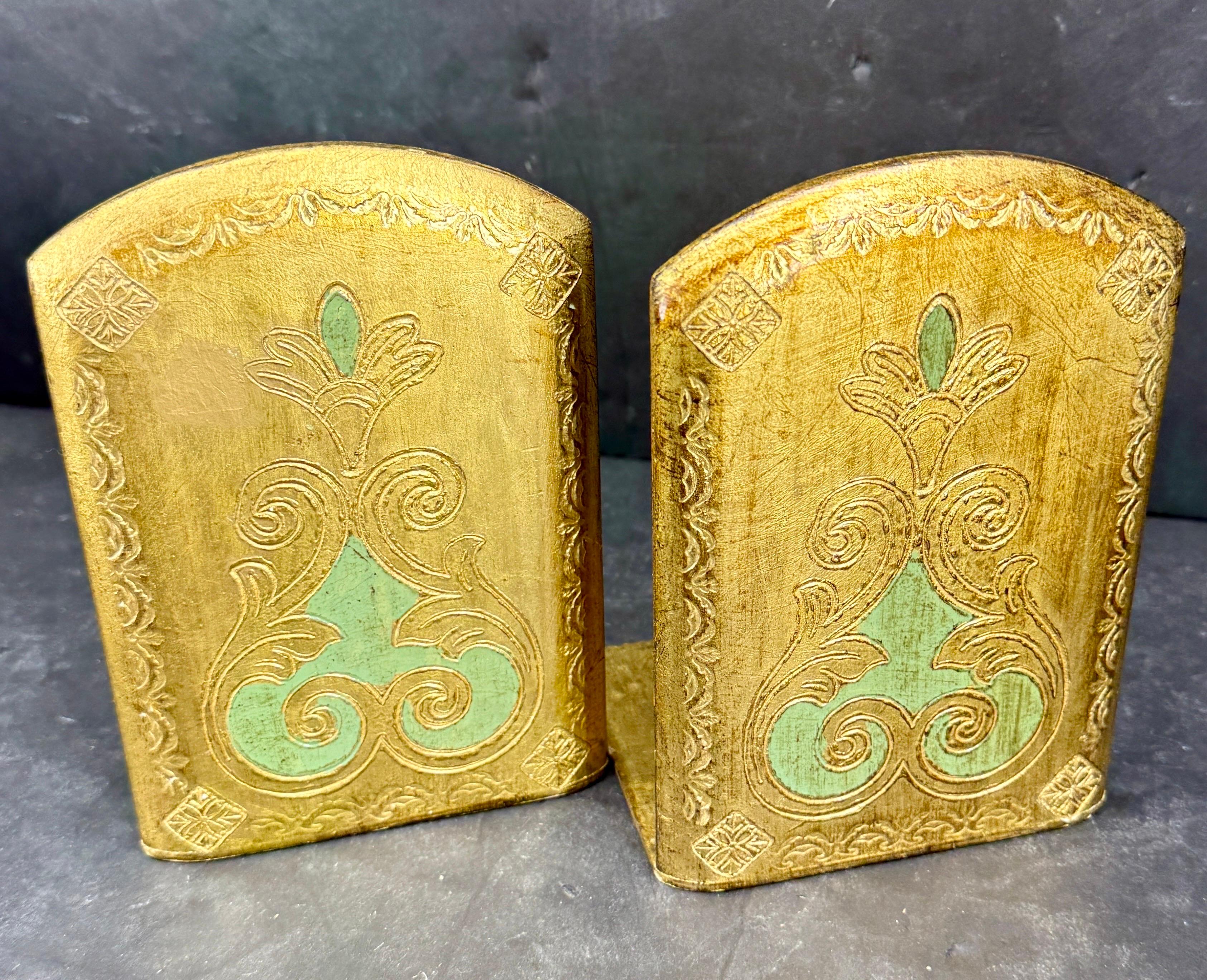 Pair of Italian Florentine Gold Gilt Wood Bookends Mid-Century Modern For Sale 1