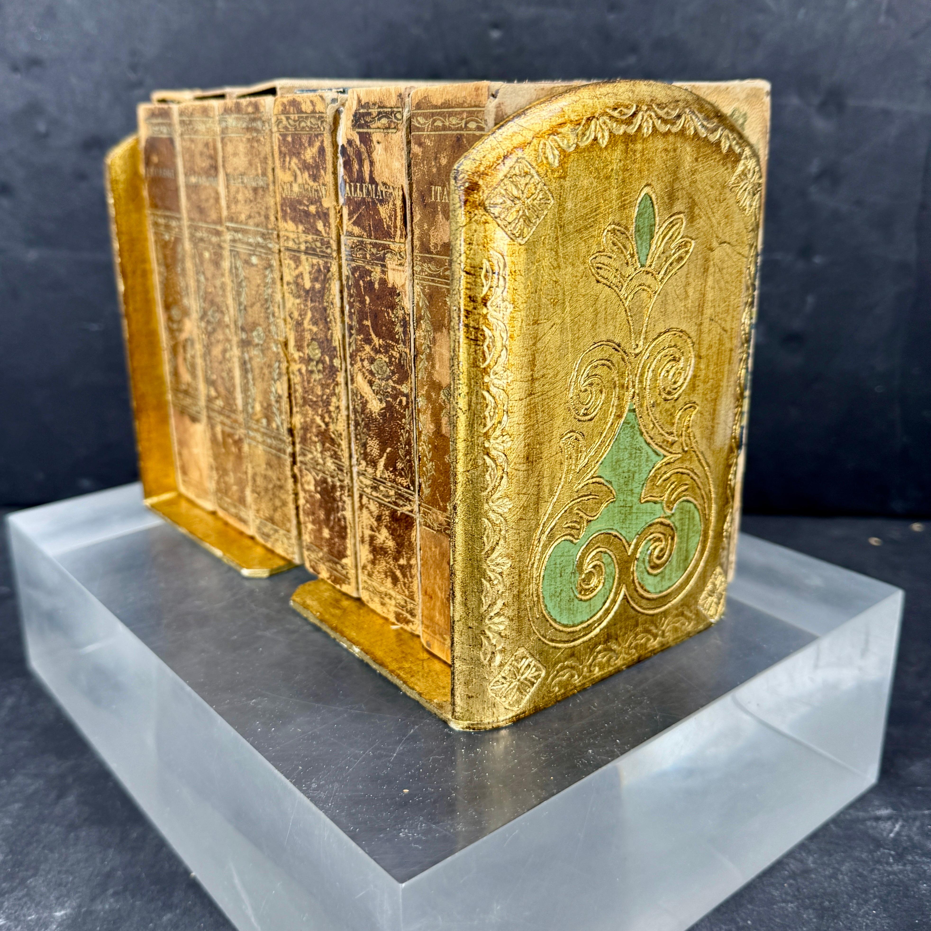 Impressive Pair of Vintage Florentine Carved Gold and Green Bookends. Charming and unique set from Italy. These are both form and function when used on a bookshelf or desk in any home library or office setting. 
