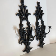 Pair of French Blue Painted Wood Candle Wall Sconces, Wheat and Acanthus