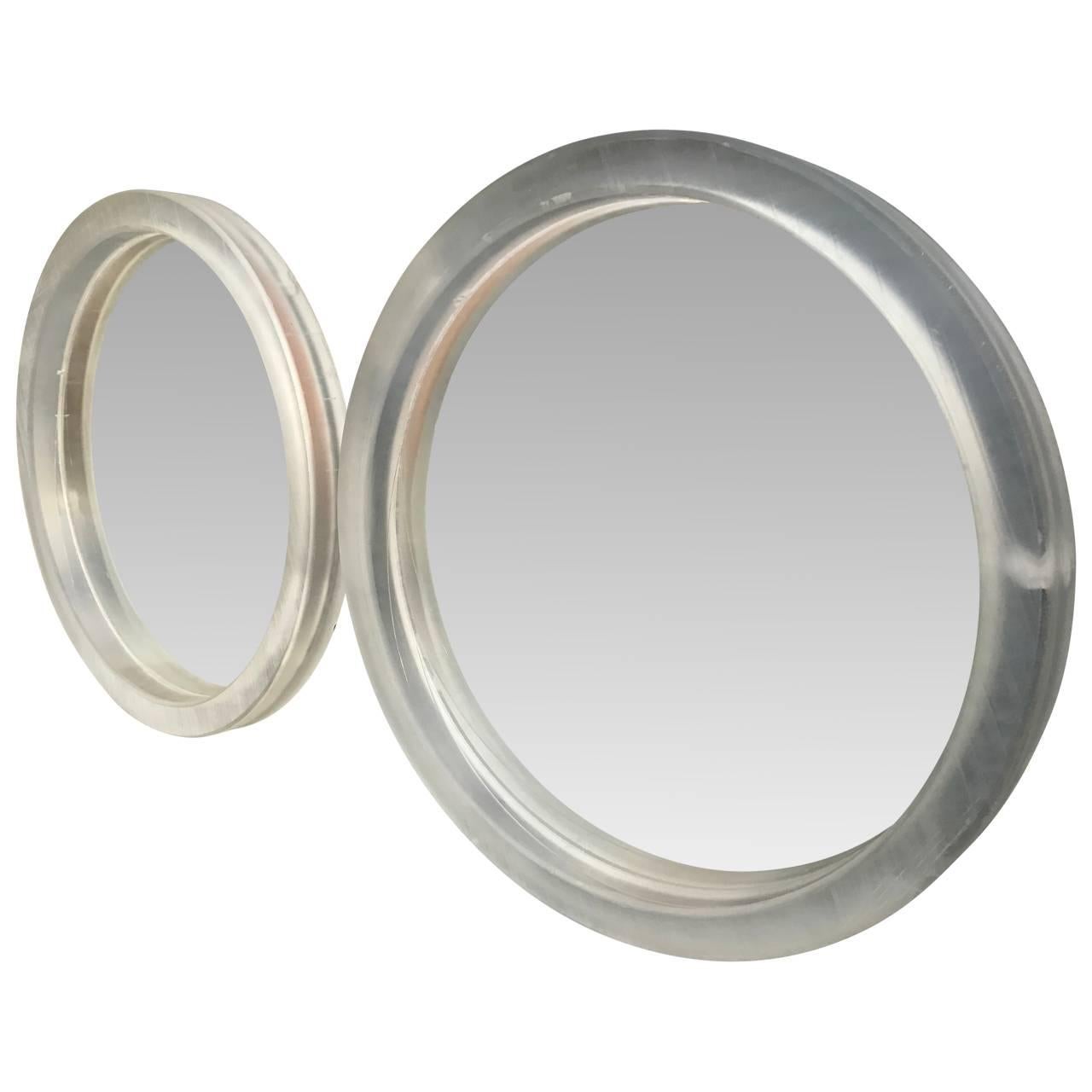 Pair Of Large Modern Round Thick Lucite Mirrors