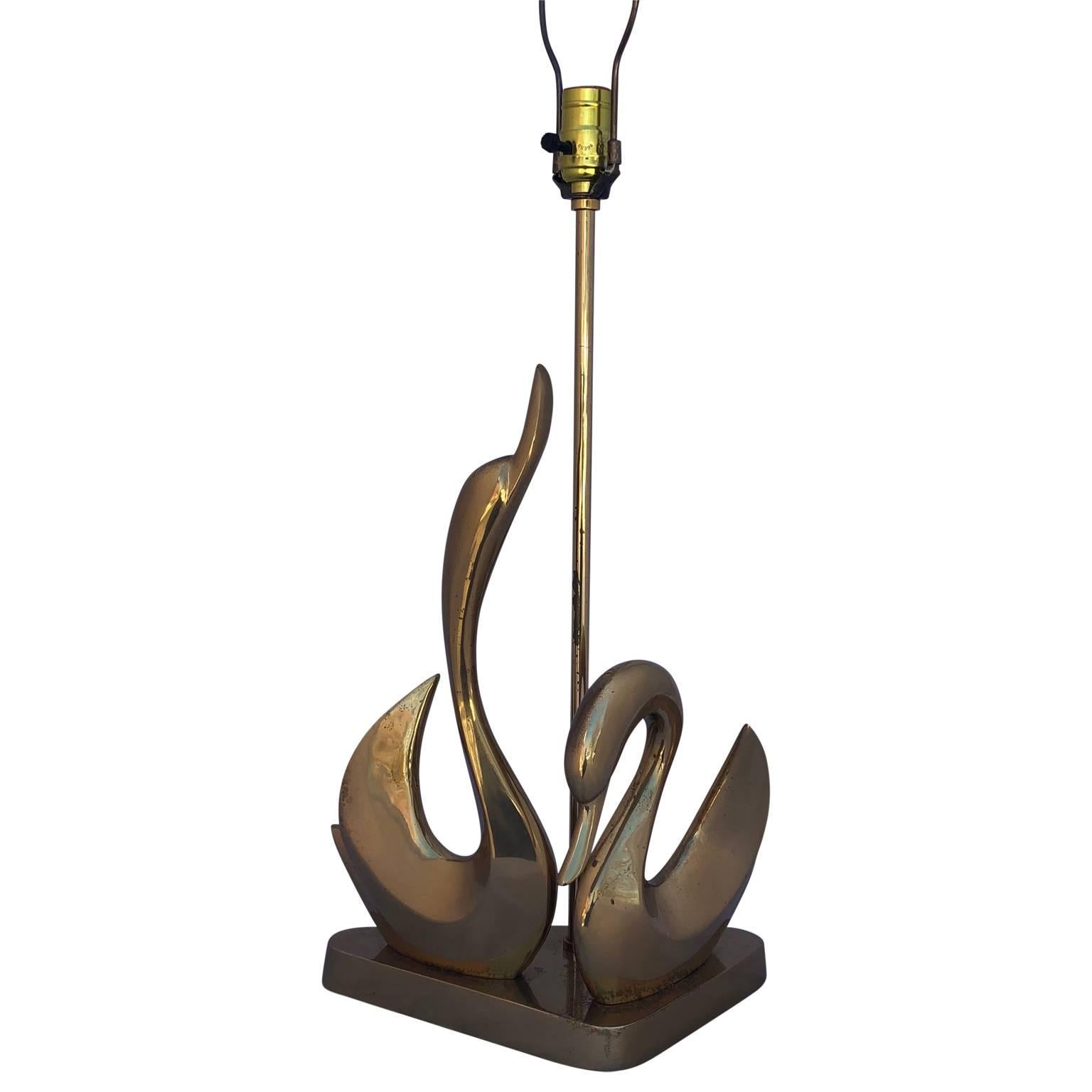 Cast Mid-Century Modern Brass Swan Desk Lamp on a Triangular Base