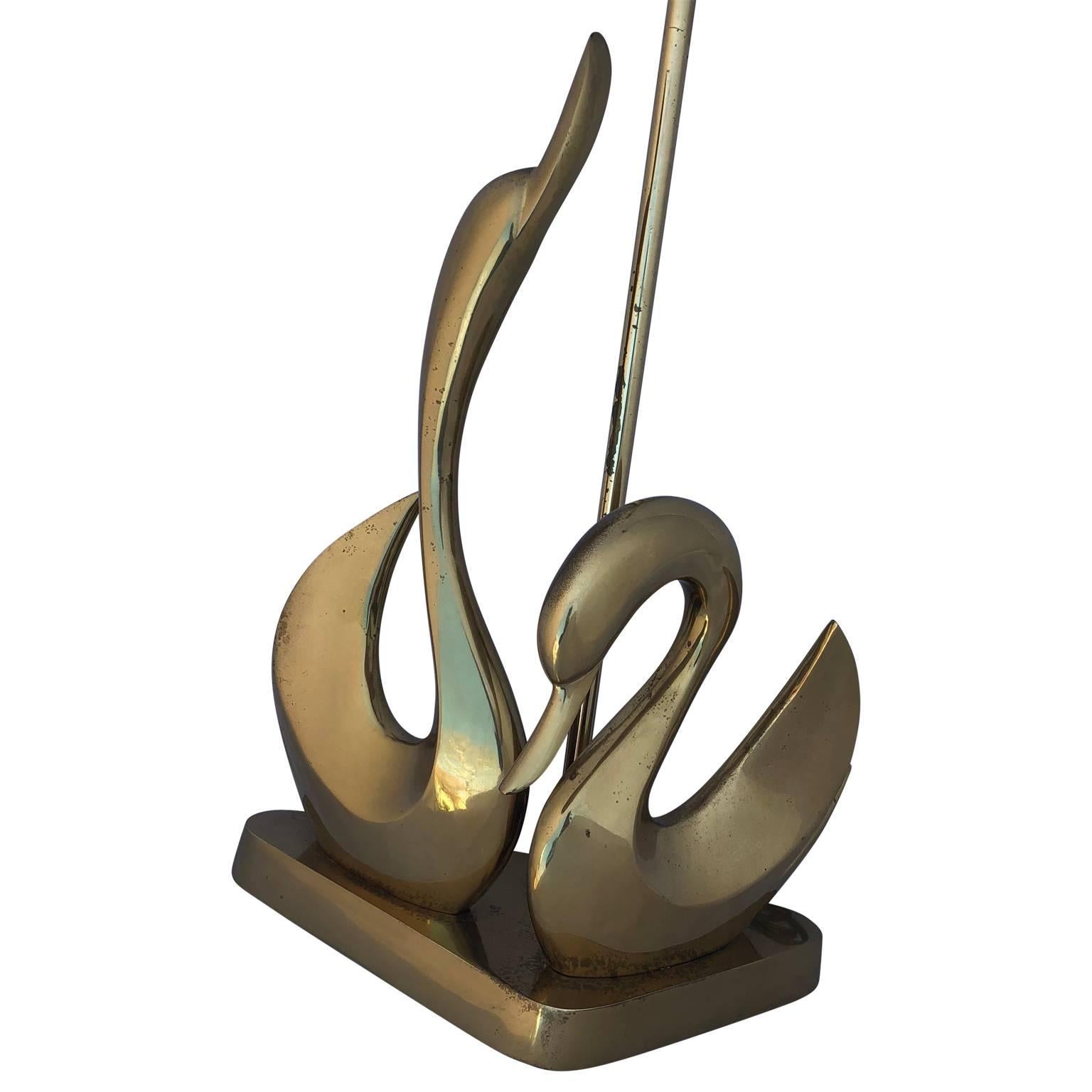 American Mid-Century Modern Brass Swan Desk Lamp on a Triangular Base