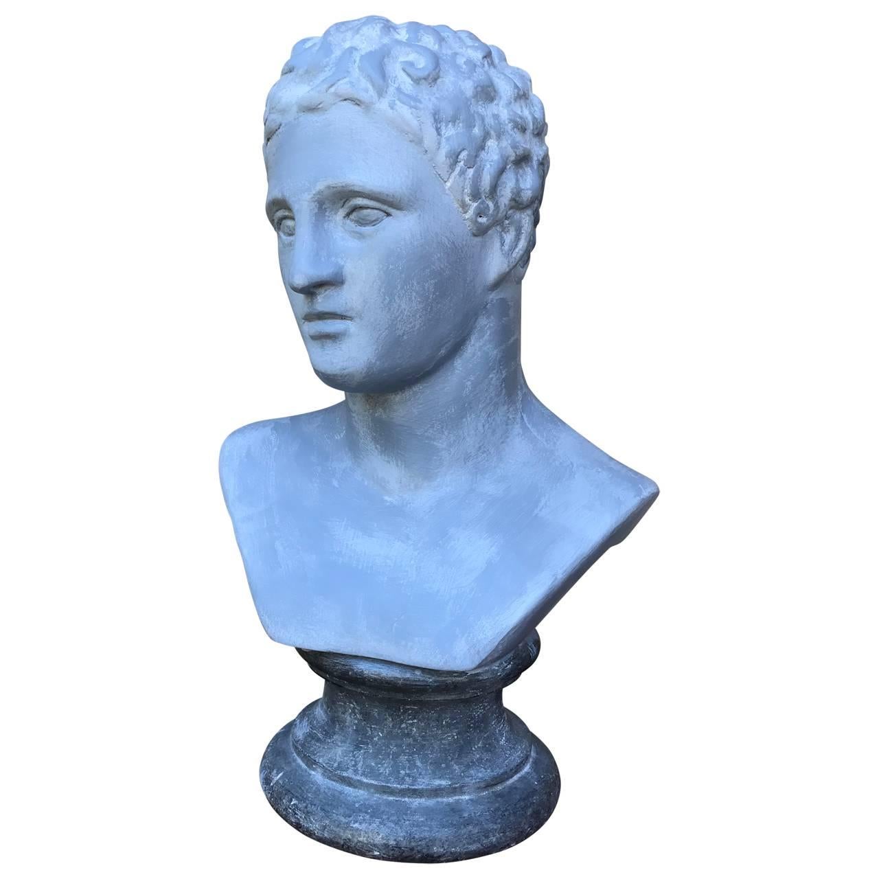 Neoclassical Revival Painted 19th Century Wooden Bust Of A Man