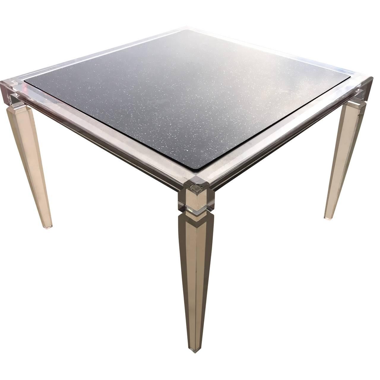 One classic and beautiful Lucite game-table.
Option of installing a 3/4 inch glass or marble top instead of the original ceramic top 

Table height measures: 28.75 inches.
 
   