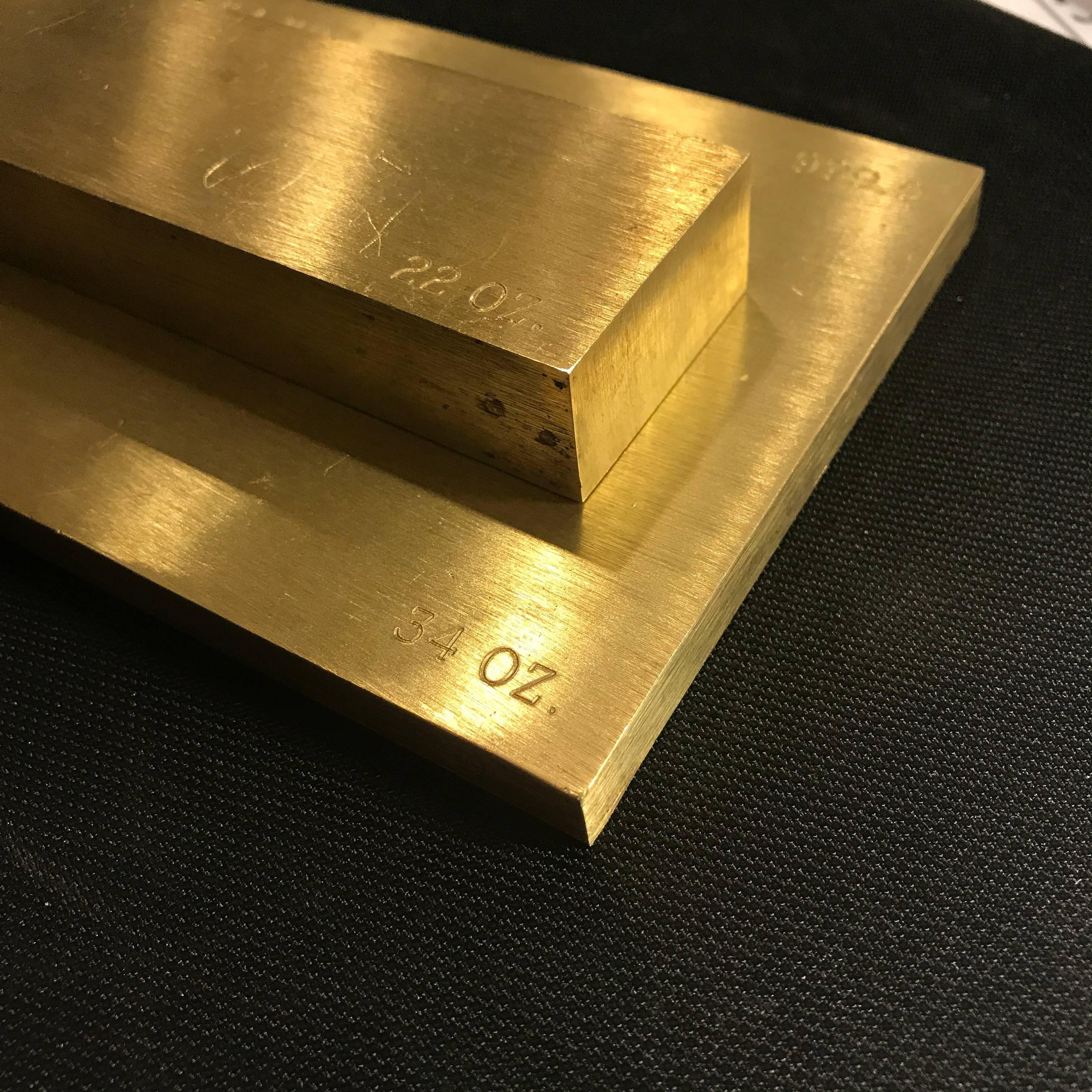 Set Of Two Gold Bar Style Brass Paperweights In Good Condition In Haddonfield, NJ