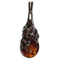 Used Scandinavian Amber Pendant And Sterling Silver Necklace