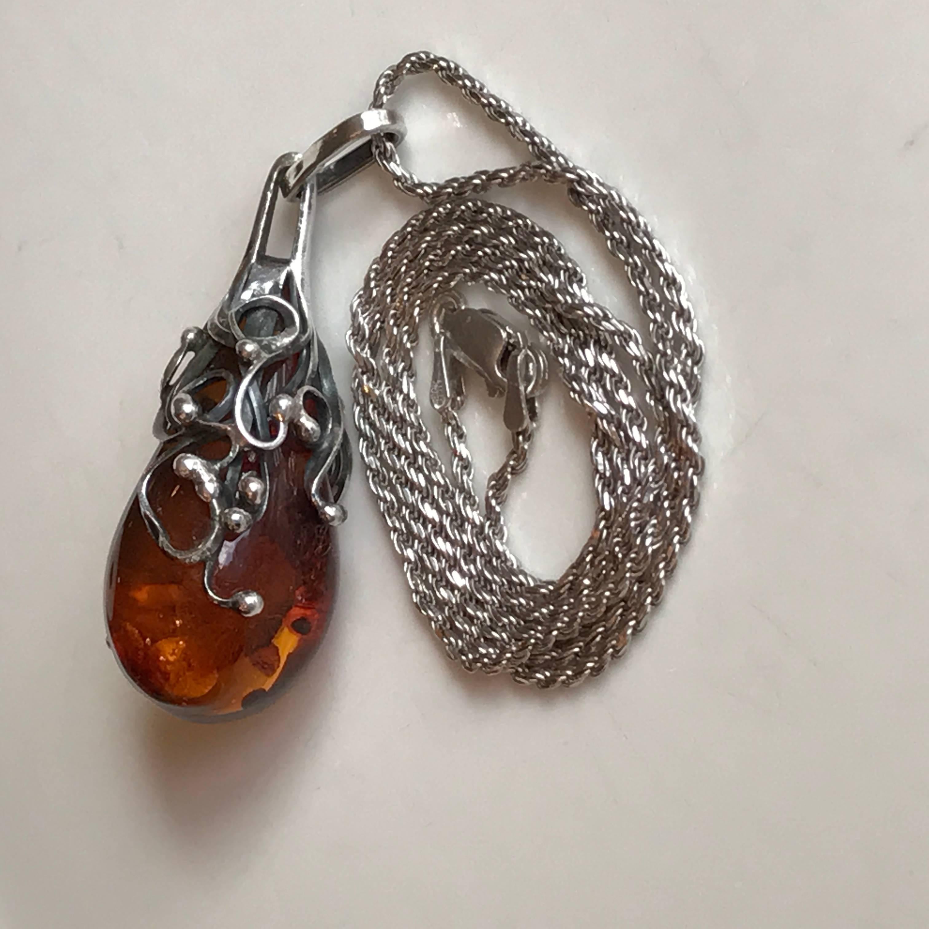 Scandinavian Modern Scandinavian Amber Pendant And Sterling Silver Necklace For Sale