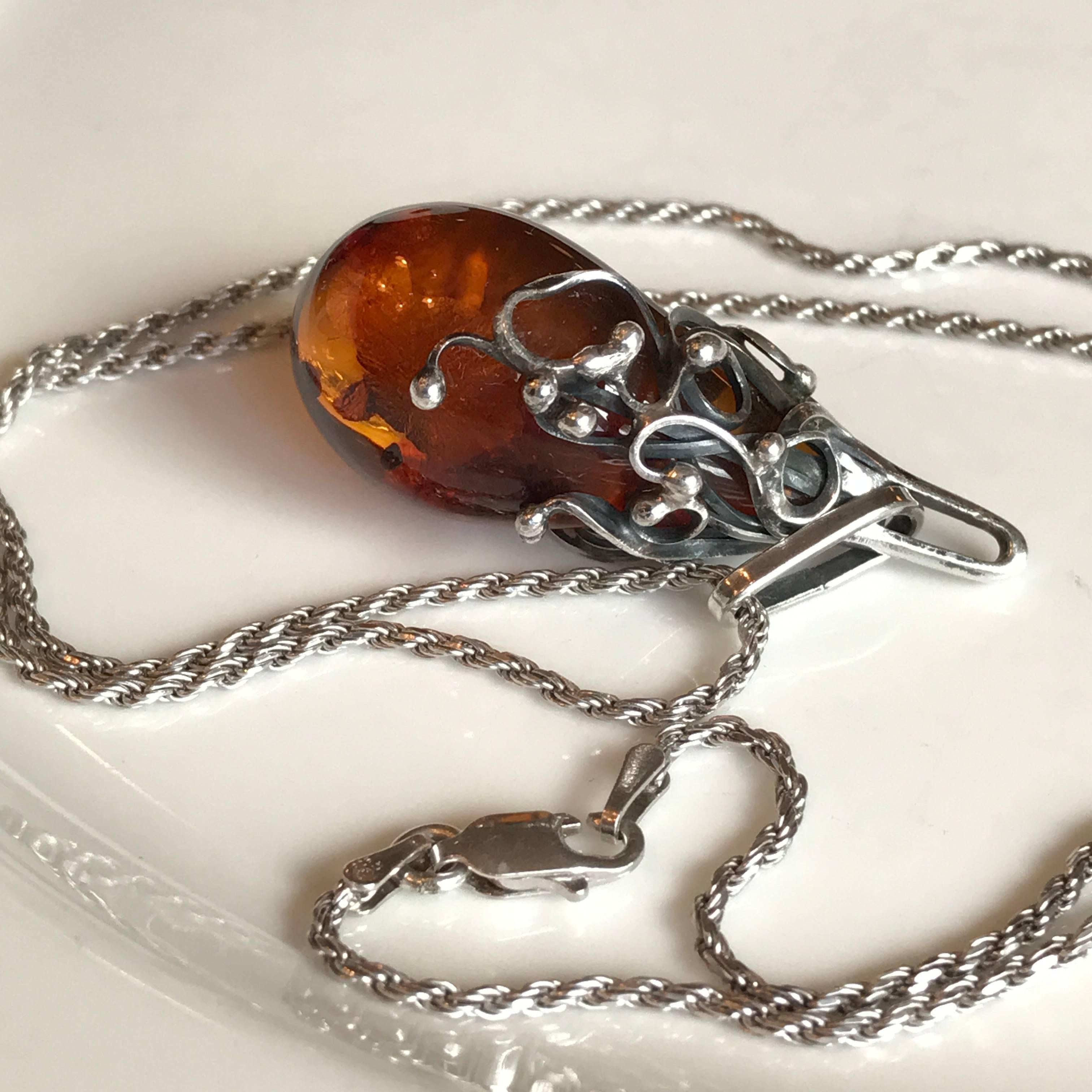 Danish Scandinavian Amber Pendant And Sterling Silver Necklace For Sale