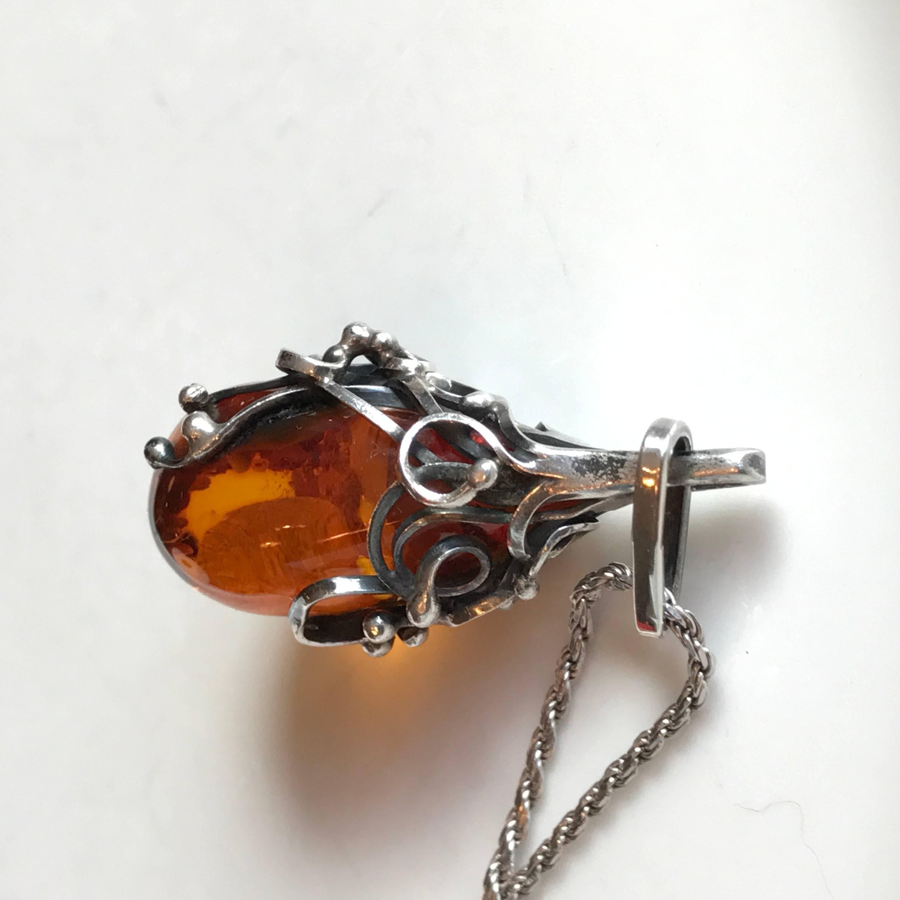 Hand-Crafted Scandinavian Amber Pendant And Sterling Silver Necklace For Sale