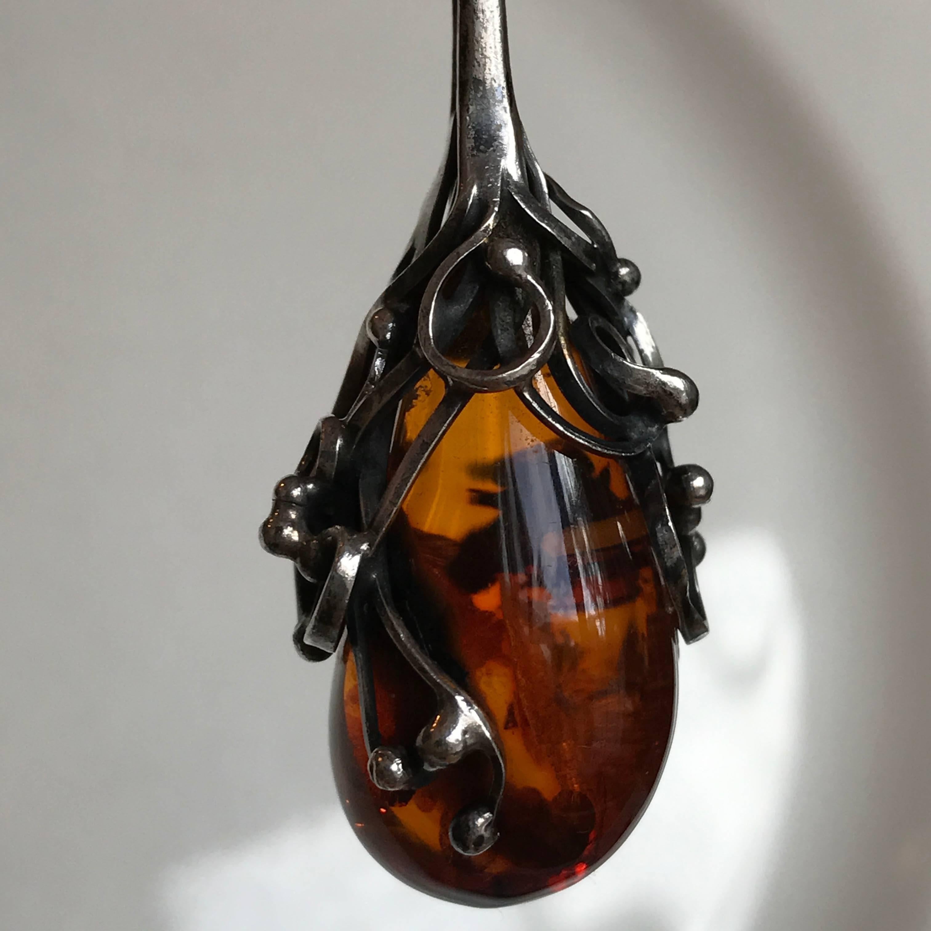 Scandinavian Amber Pendant And Sterling Silver Necklace In Good Condition For Sale In Haddonfield, NJ