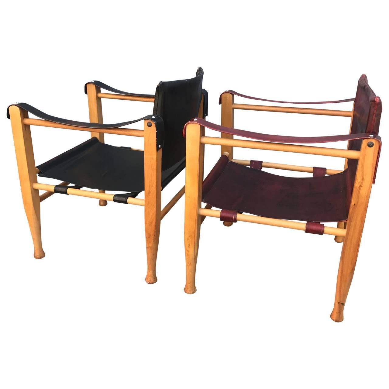 Set Of Danish Two Mid-Century Modern Safari Chairs, One Red And One Black