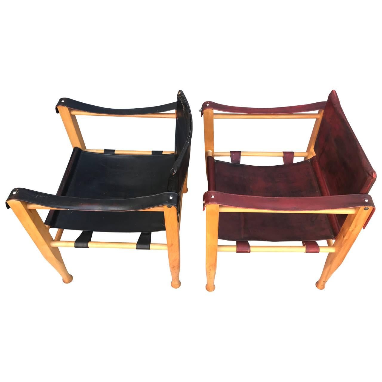 Scandinavian Modern Set Of Danish Two Mid-Century Modern Safari Chairs, One Red And One Black