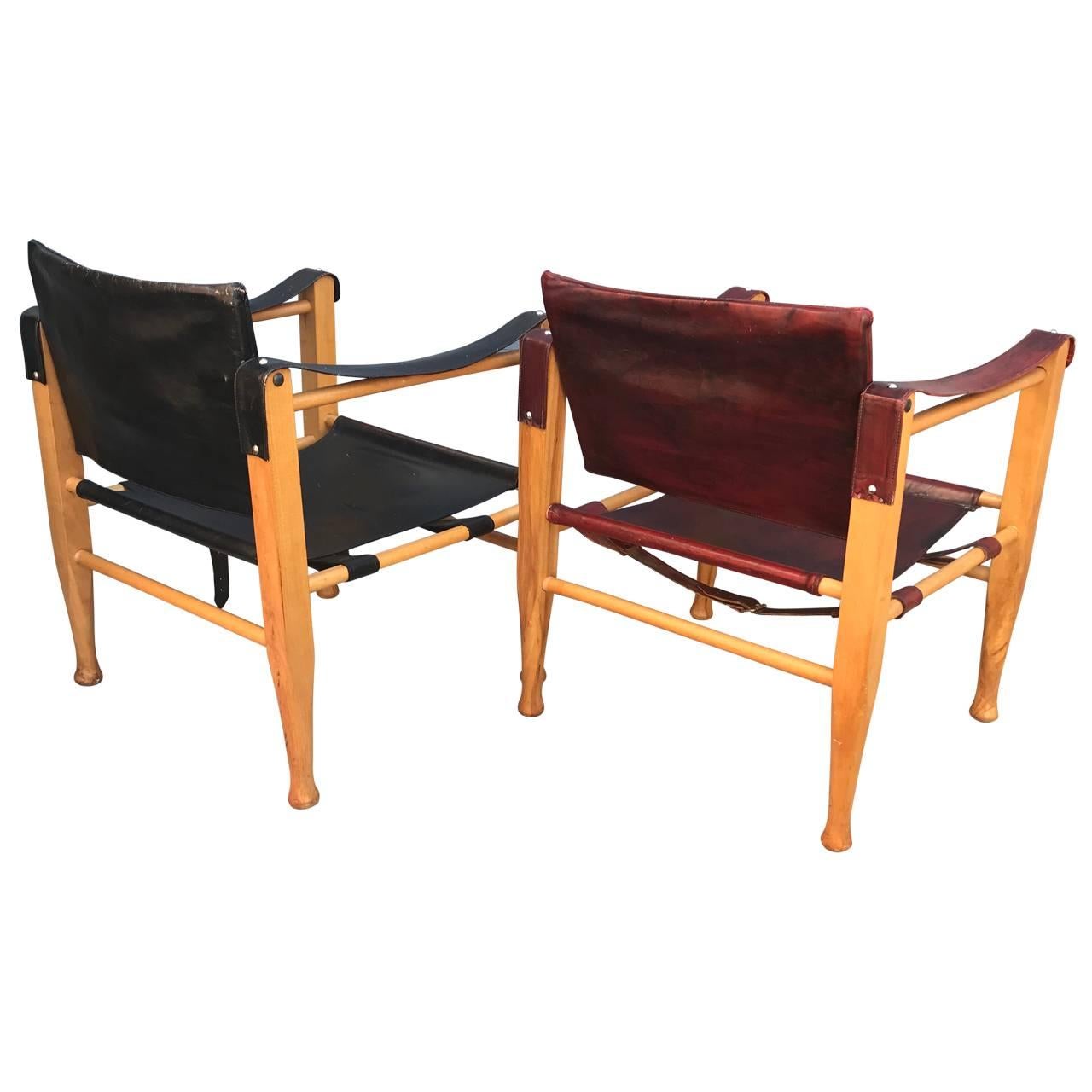 20th Century Set Of Danish Two Mid-Century Modern Safari Chairs, One Red And One Black