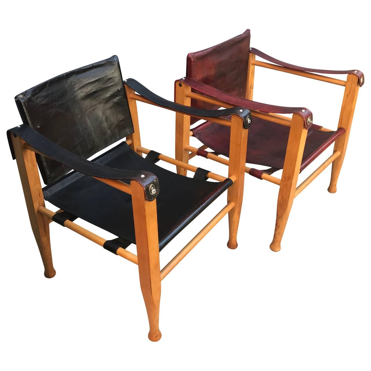 Leather Set Of Danish Two Mid-Century Modern Safari Chairs, One Red And One Black