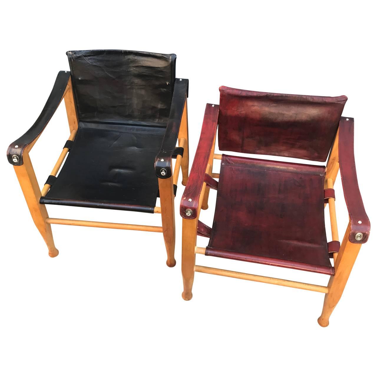 Set Of Danish Two Mid-Century Modern Safari Chairs, One Red And One Black 1