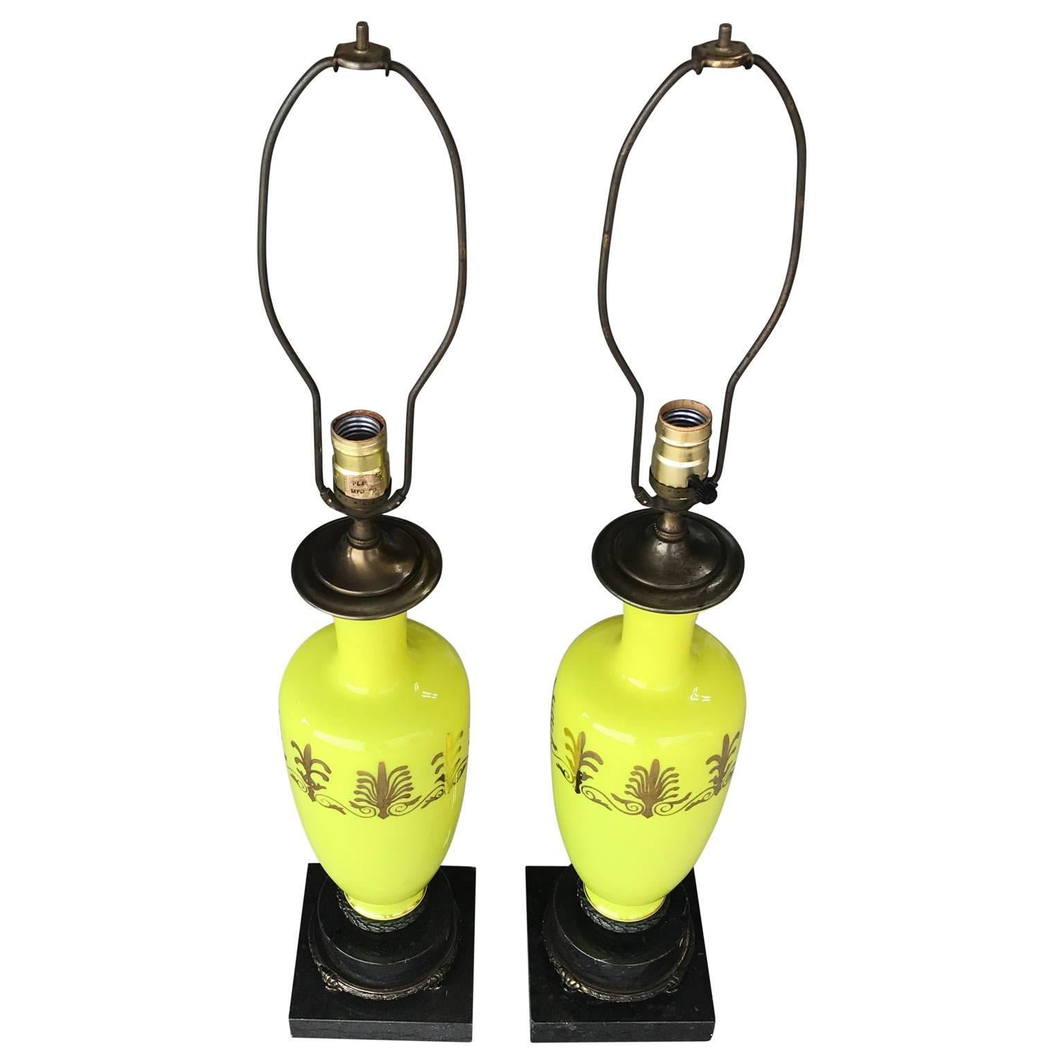 Directoire Pair Of Chartreuse Yellow Opaline Table Lamps