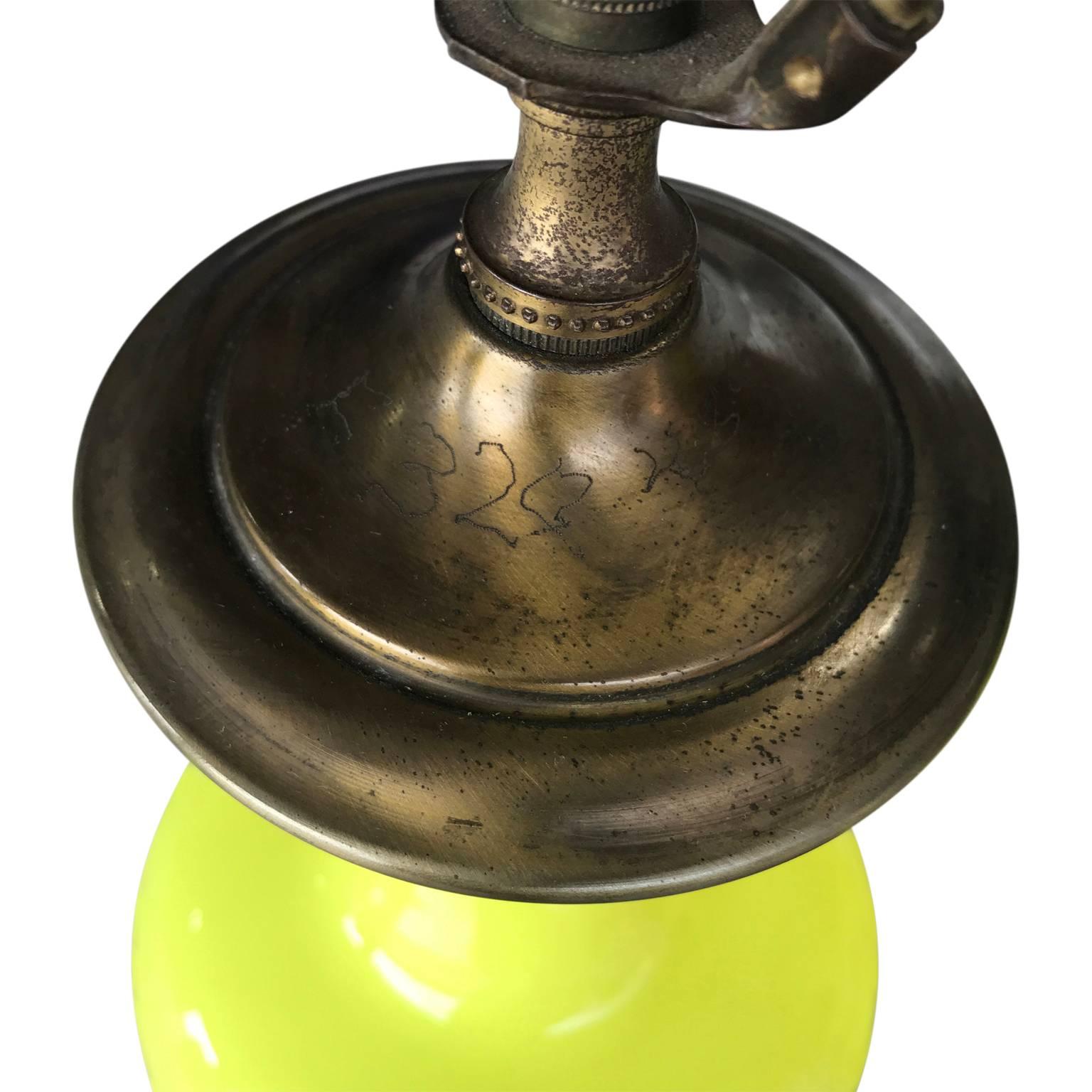 Brass Pair Of Chartreuse Yellow Opaline Table Lamps