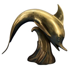 Large Midcentury Brass Sculpture Of A Jumping Dolphin