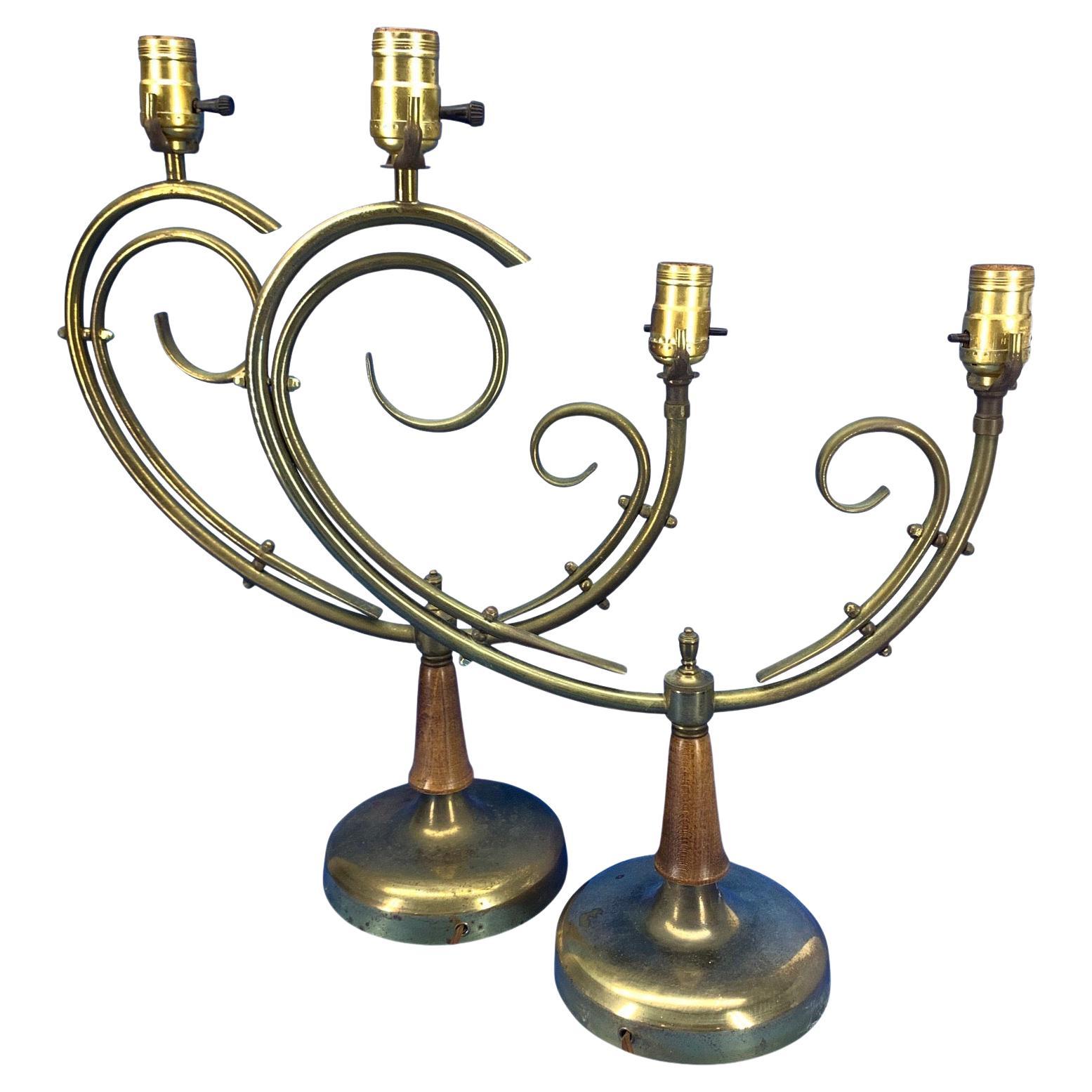 Pair Of Mid-Century Modern Brass And Wood Table Lamps