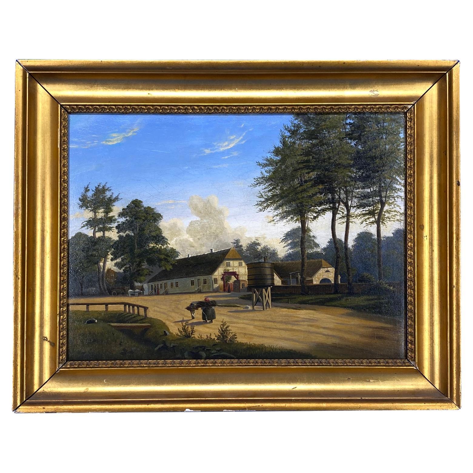 Pittura a olio danese del primo Ottocento di una casa colonica