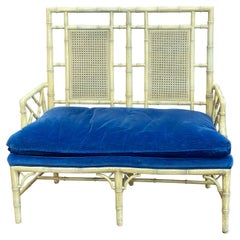 Mid-Century Modern Chippendale Faux Bamboo Settee with Velvet Seat Cushion