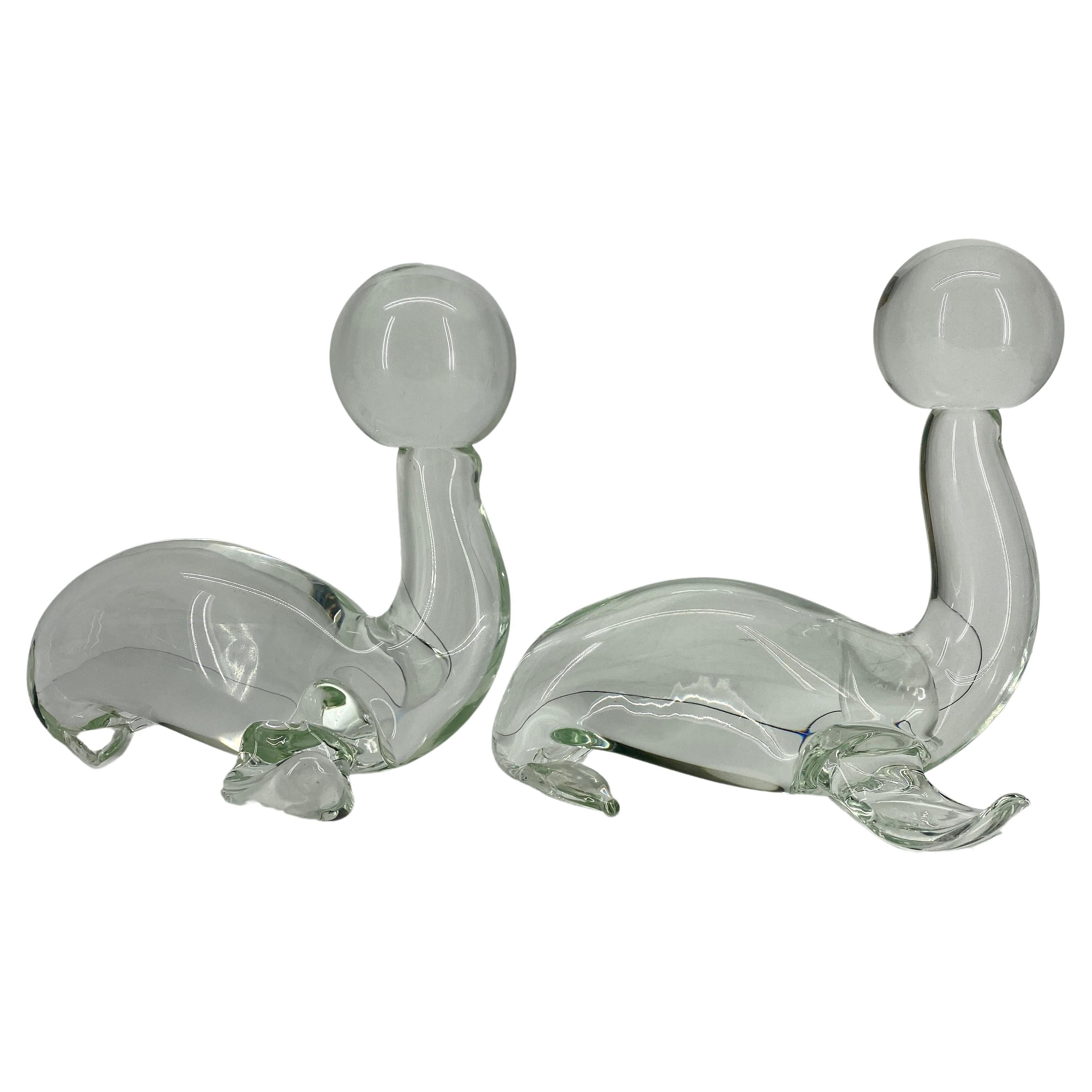 Pair Large Zanetti Glass Seal Sculptures, Murano, Italy For Sale