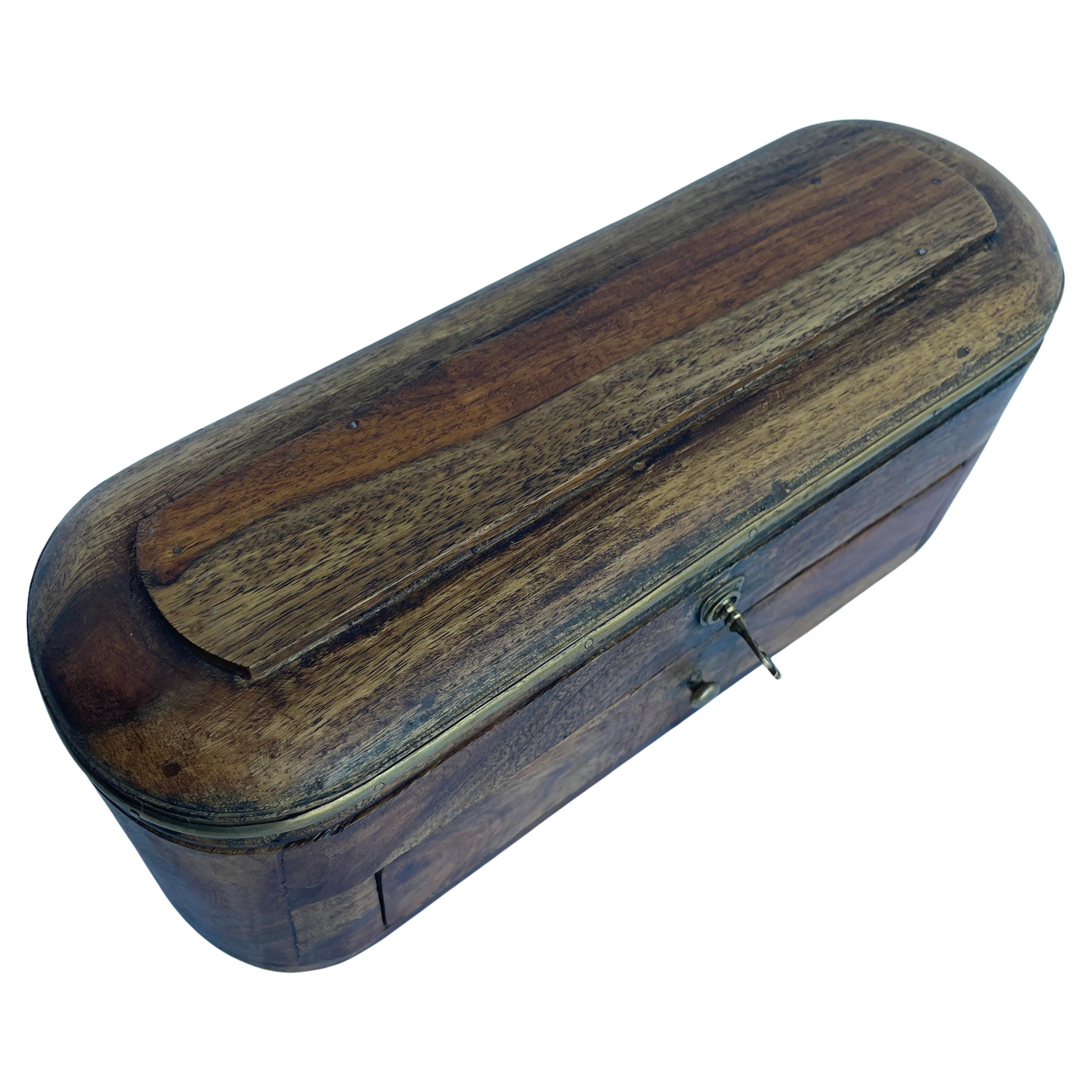 Hand-Crafted Vintage Oval Wood and Brass Jewelry Box For Sale