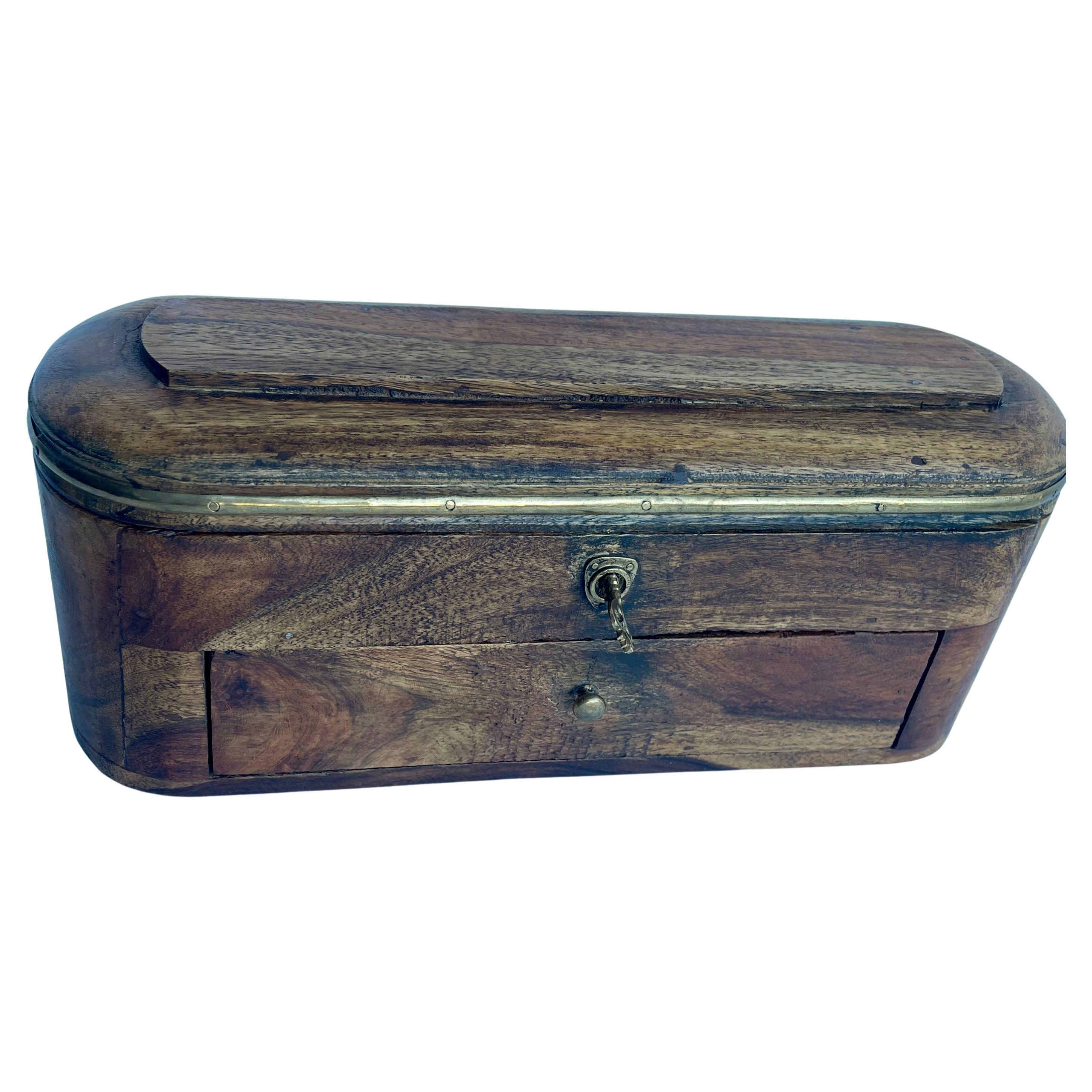 French Vintage Oval Wood and Brass Jewelry Box For Sale