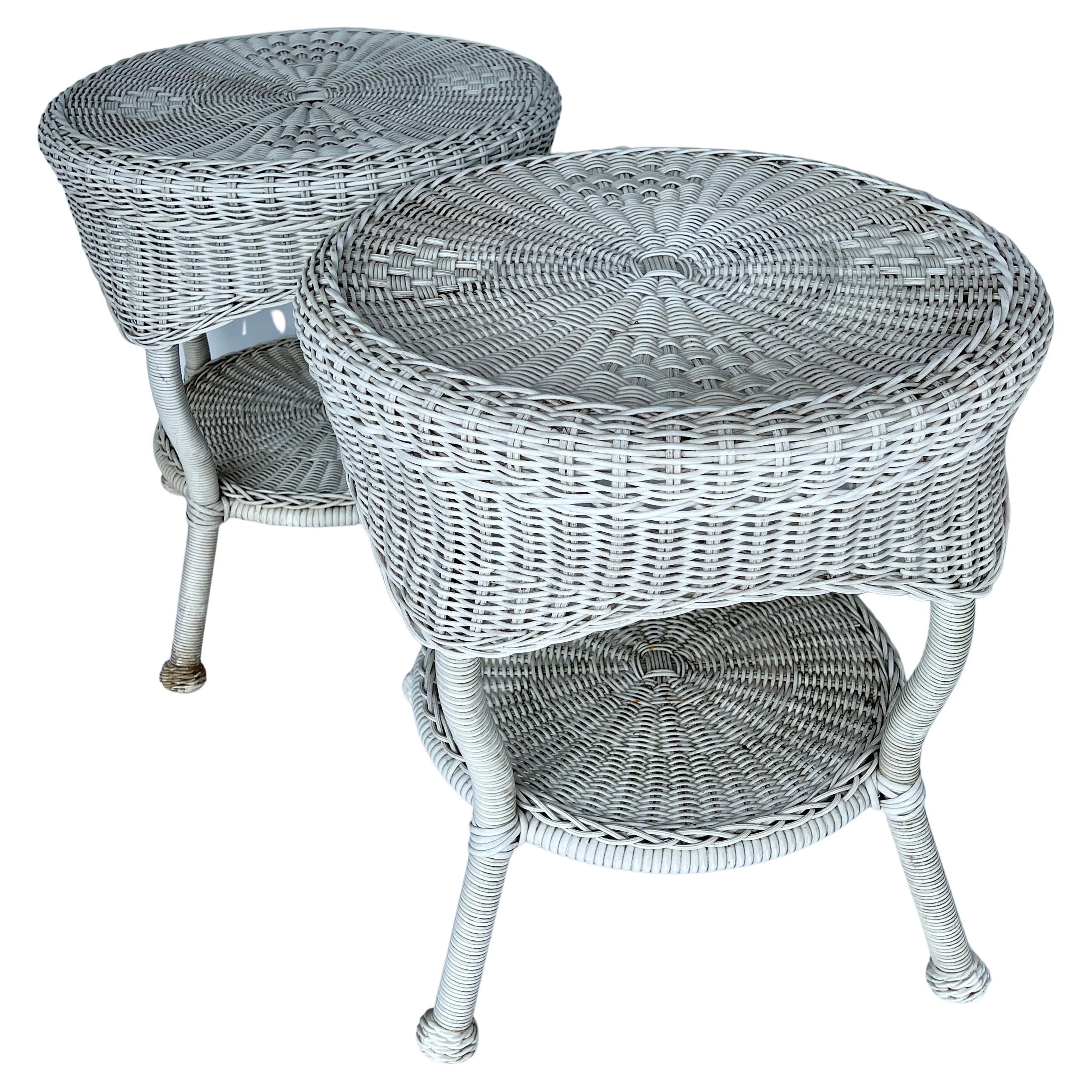 Woven Pair of White Faux Wicker Side Tables