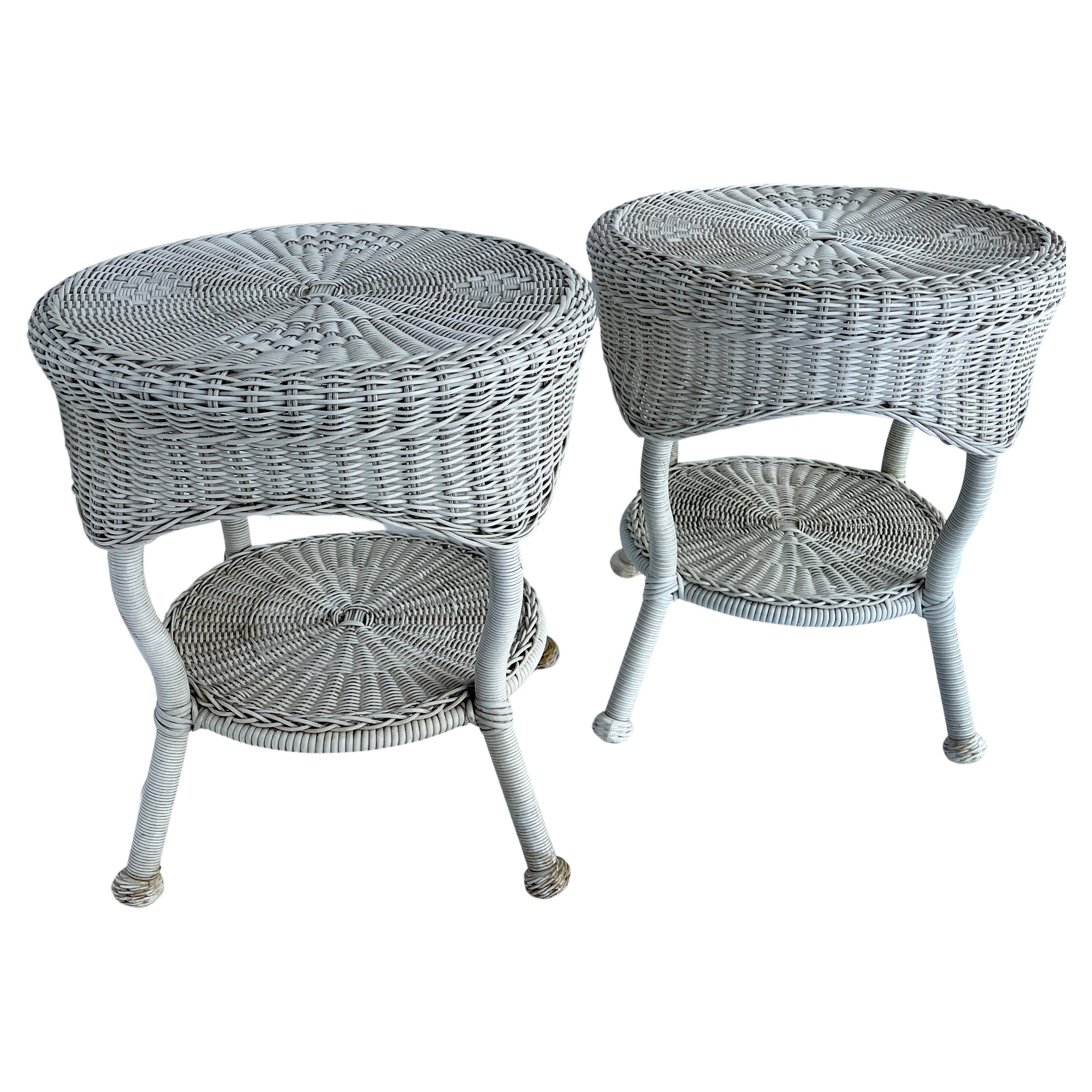 American Pair of White Faux Wicker Side Tables