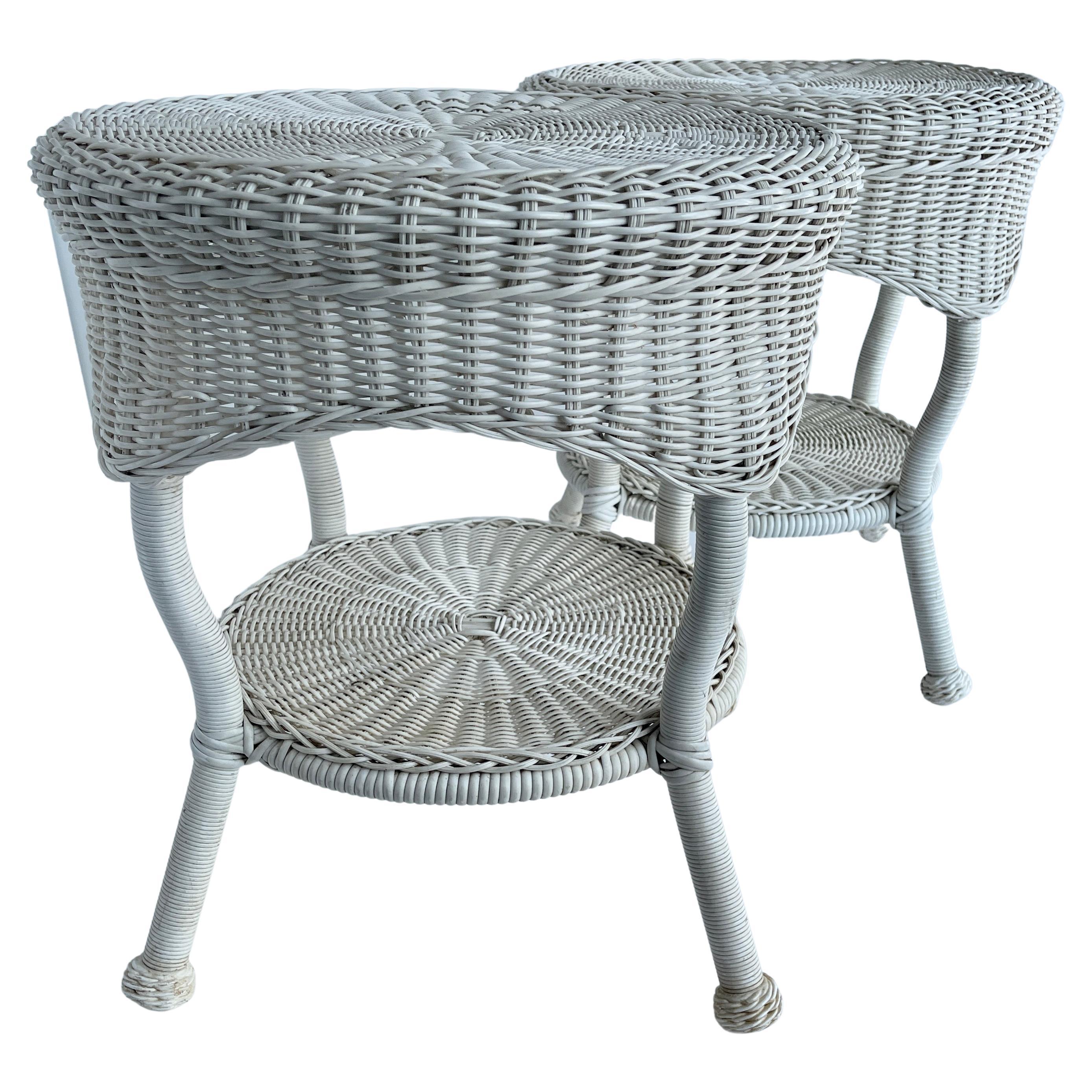 Pair of White Faux Wicker Side Tables