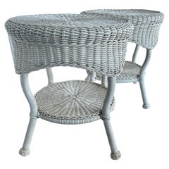Pair of White Faux Wicker Side Tables