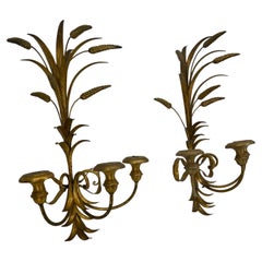 Pair of Wheat Sheaf Gilded Sconces, Hollywood Regency