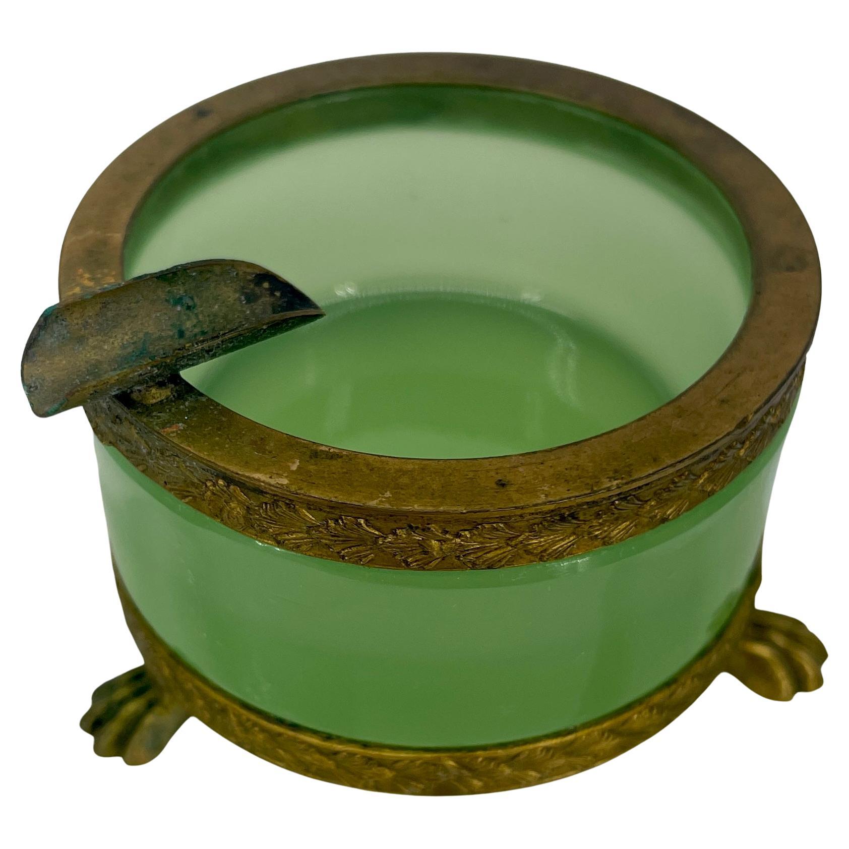Hand-Crafted Vintage French Green Opaline Glass and Brass Ashtray