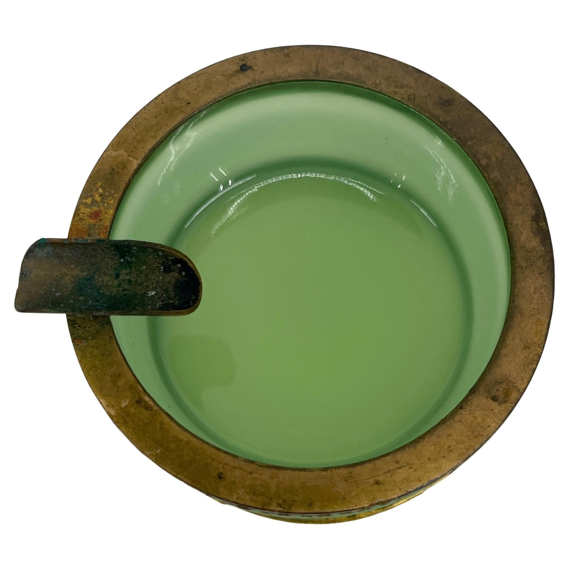 Empire Vintage French Green Opaline Glass and Brass Ashtray