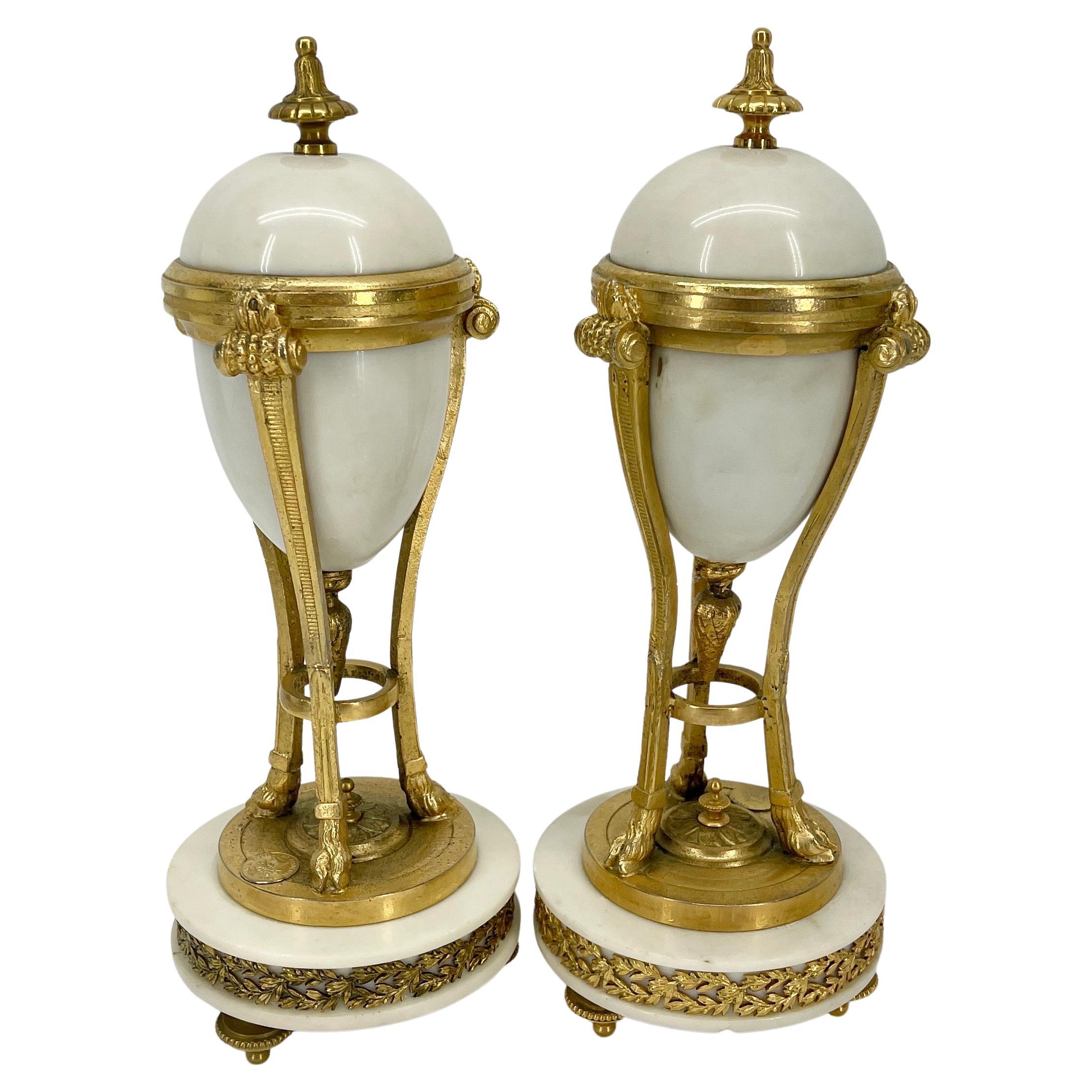 French Louis XVI Style Gilt Bronze-Mounted White Marble Urns